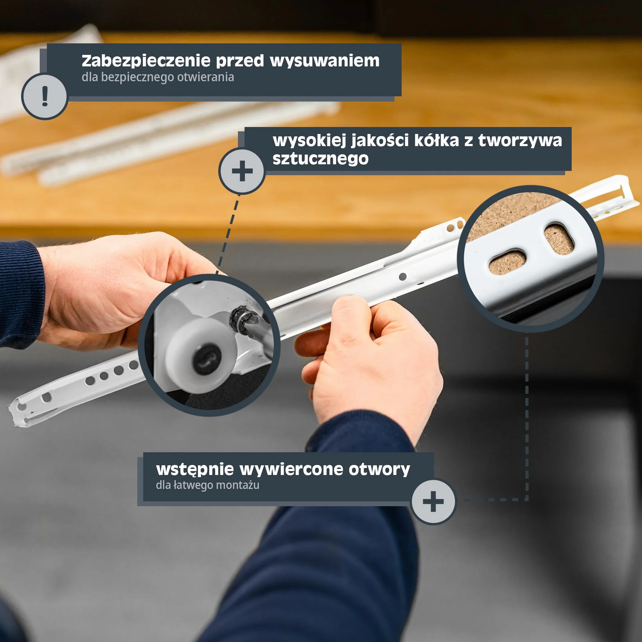 HELPMATE – Prowadnica przesuwna 450 mm – 1 para – biała | Prowadnica szuflady przystosowana do częściowego wysuwu – wraz z elementami mocującymi