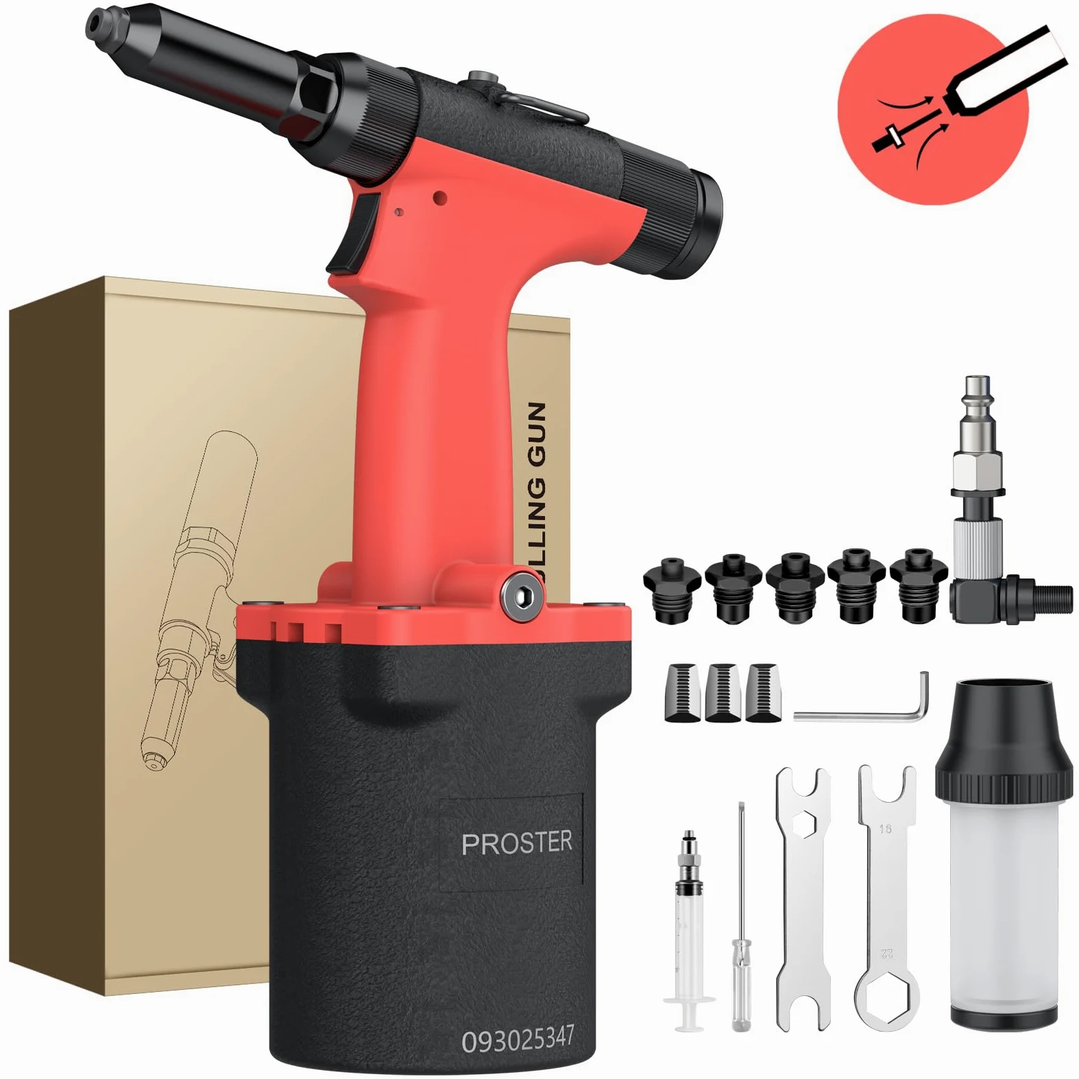 Proster Nity pneumatyczne narzędzie do nitów hydraulicznych z 5 wymiennymi końcówkami nosa 3/32" 1/8" 5/32" 3/16" 1/4", samozasysająca konstrukcja 360° obrotowy wlot powietrza do samochodów morskich