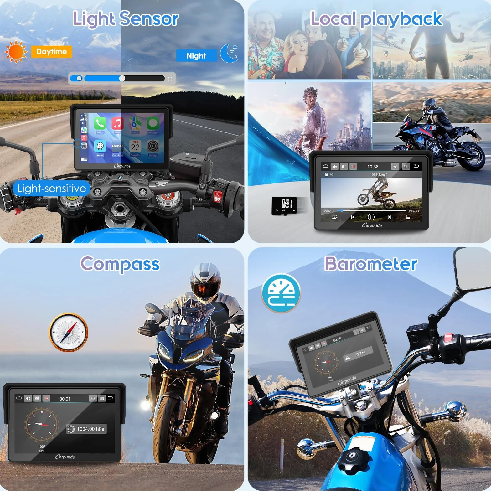 Carpuride W502PRO B do motocykli B.-M-.W CarPlay i Android Auto i podwójny Bluetooth, nawigacja étanche 5 pouces pour Moto, część muzyczna, interkom, korektor, uchwyt światła, kurtyna, barometr