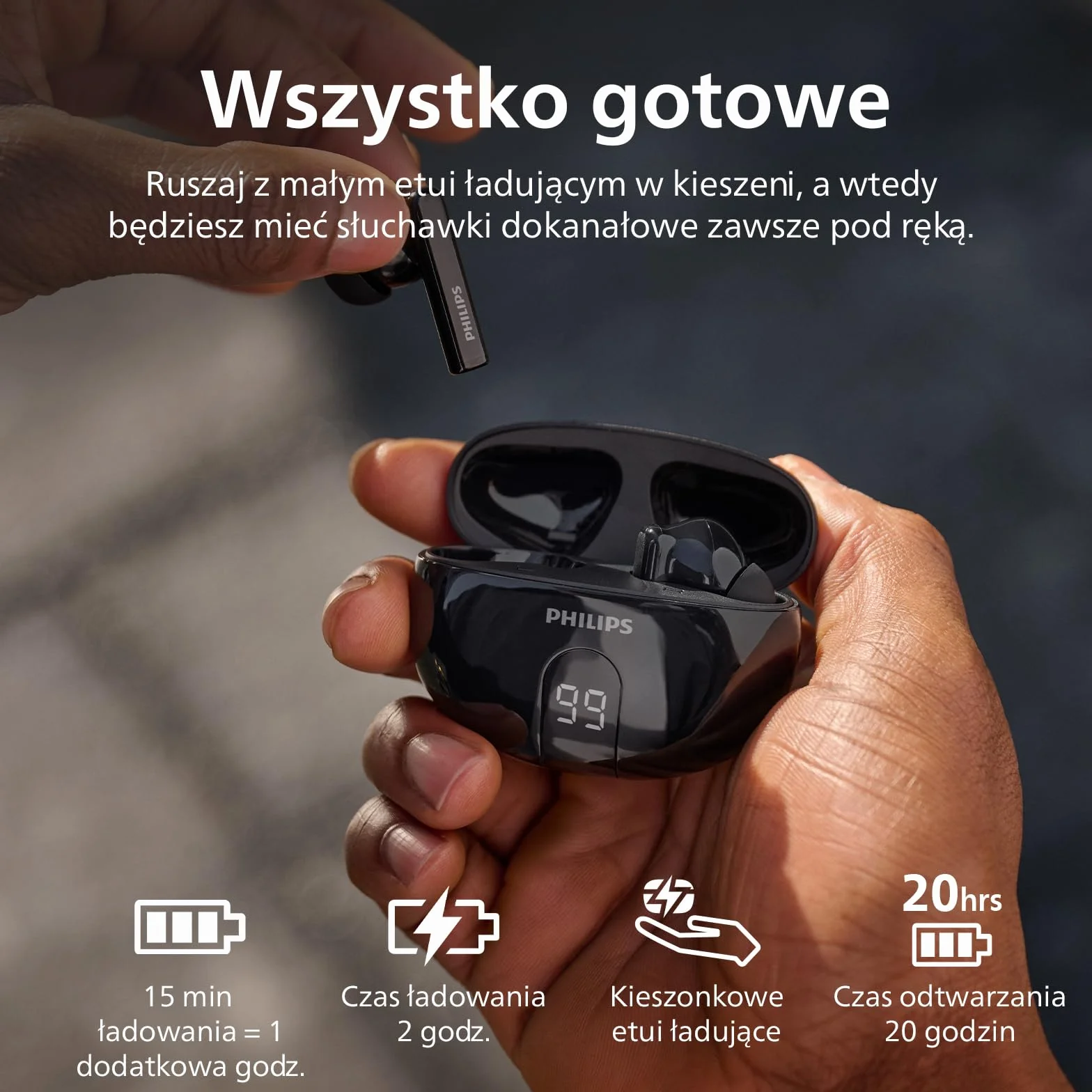 Philips TAT2520BK Słuchawki douszne True Wireless Bluetooth z redukcją szumów, czarne