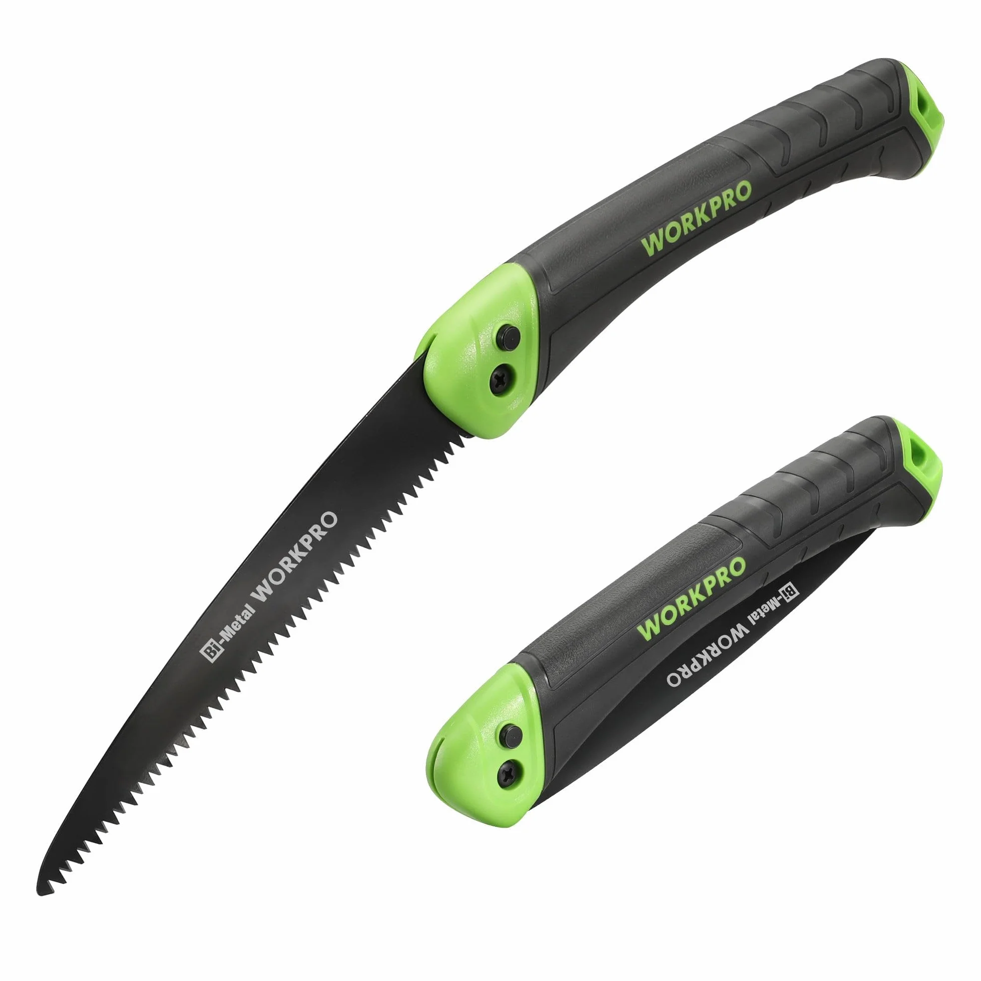 WORKPRO Piła do przycinania, składana piła ręczna 18 cm z bezpiecznym zamkiem, bimetalowy brzeszczot D6A+M2, potrójne zęby, przycisk, miękki uchwyt, składana piła do drewna, ogrodnictwa, na kemping,