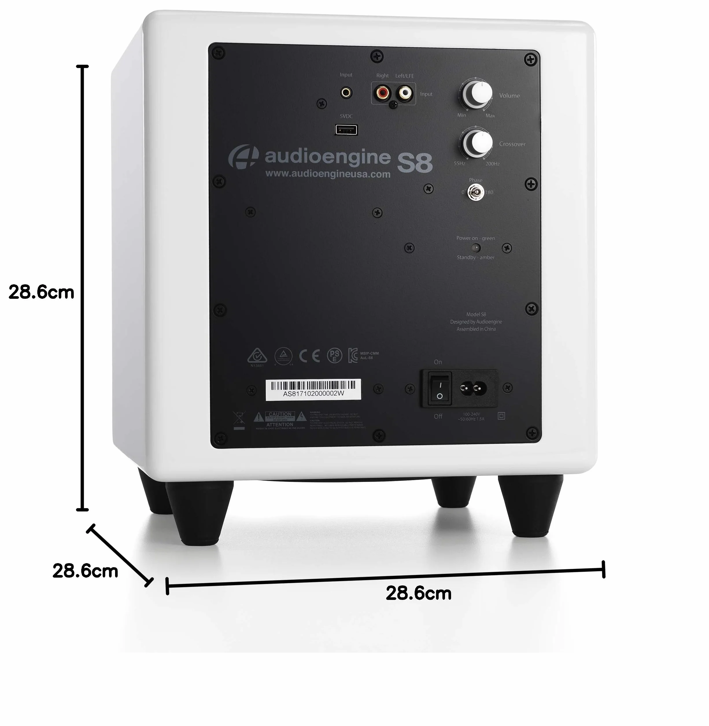 Audioengine S8 250 W Aktywny Subwoofer | Wbudowany Wzmacniacz | Wejścia RCA i 3,5 mm | Kable w Zestawie (Biały)