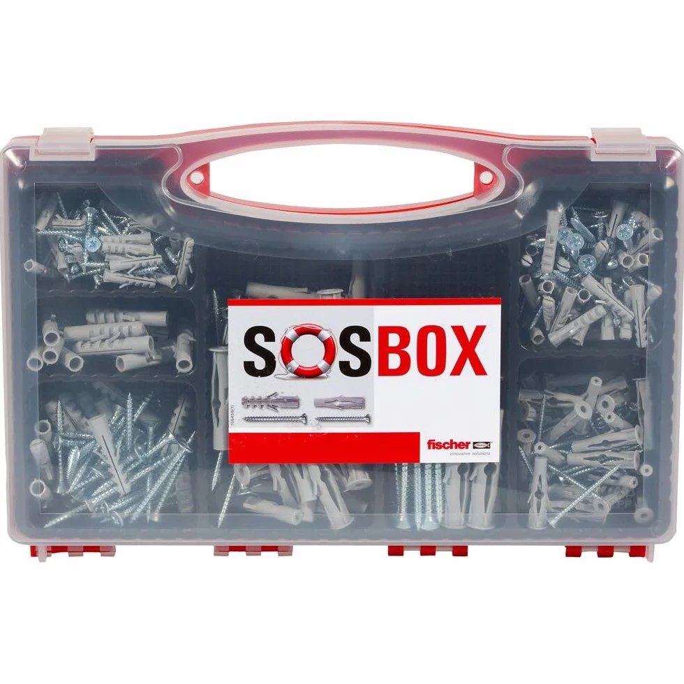 fischer SOS-Box kołek rozporowy S i uniwersalne kołki rozporowe FU, wstępnie posortowane pudełko asortymentowe z 360 kołkami i pasującymi śrubami do wielu materiałów budowlanych i różnorodnych