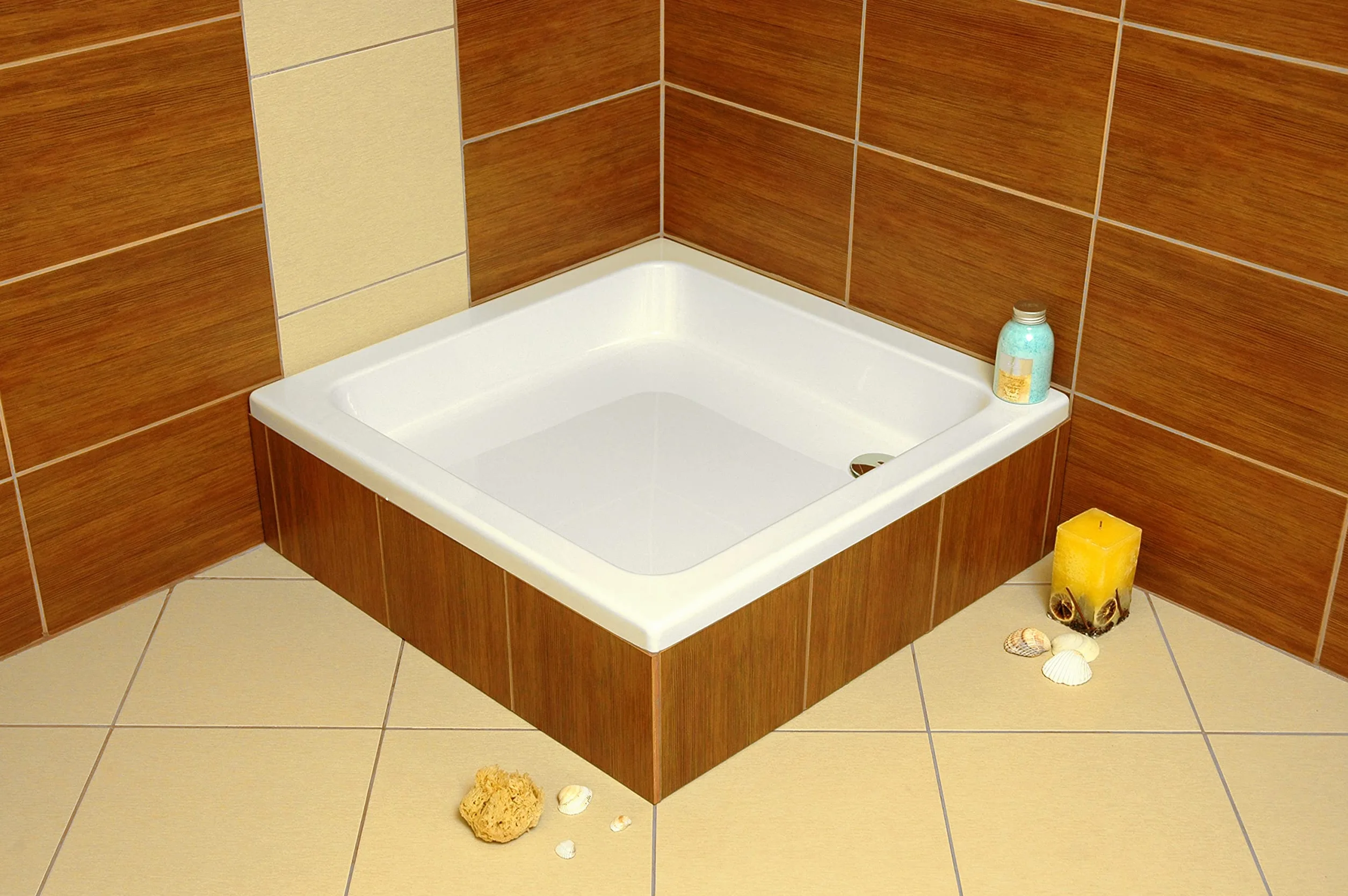 Sellon24® Akrylowy brodzik prysznicowy bez fartucha, kwadratowy, prostokątny, z uchwytem EPS + syfon, biały, stabilny wspornik styropianowy, możliwość kafelkowania, wysokość konstrukcyjna 26 cm (80 x