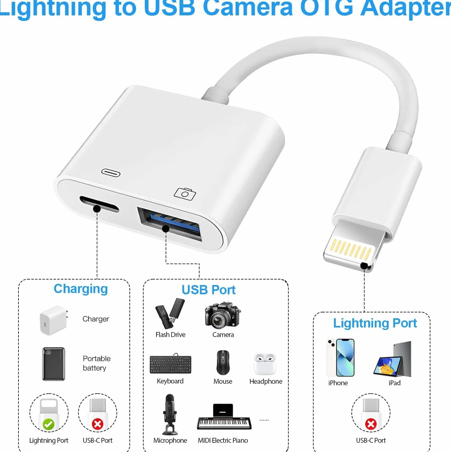 Adapter iPhone USB OTG MFi Lightning męski USB żeński kabel ładujący konwerter OTG pamięć flash czytnik kart mysz klawiatura MIDI kontroler gier