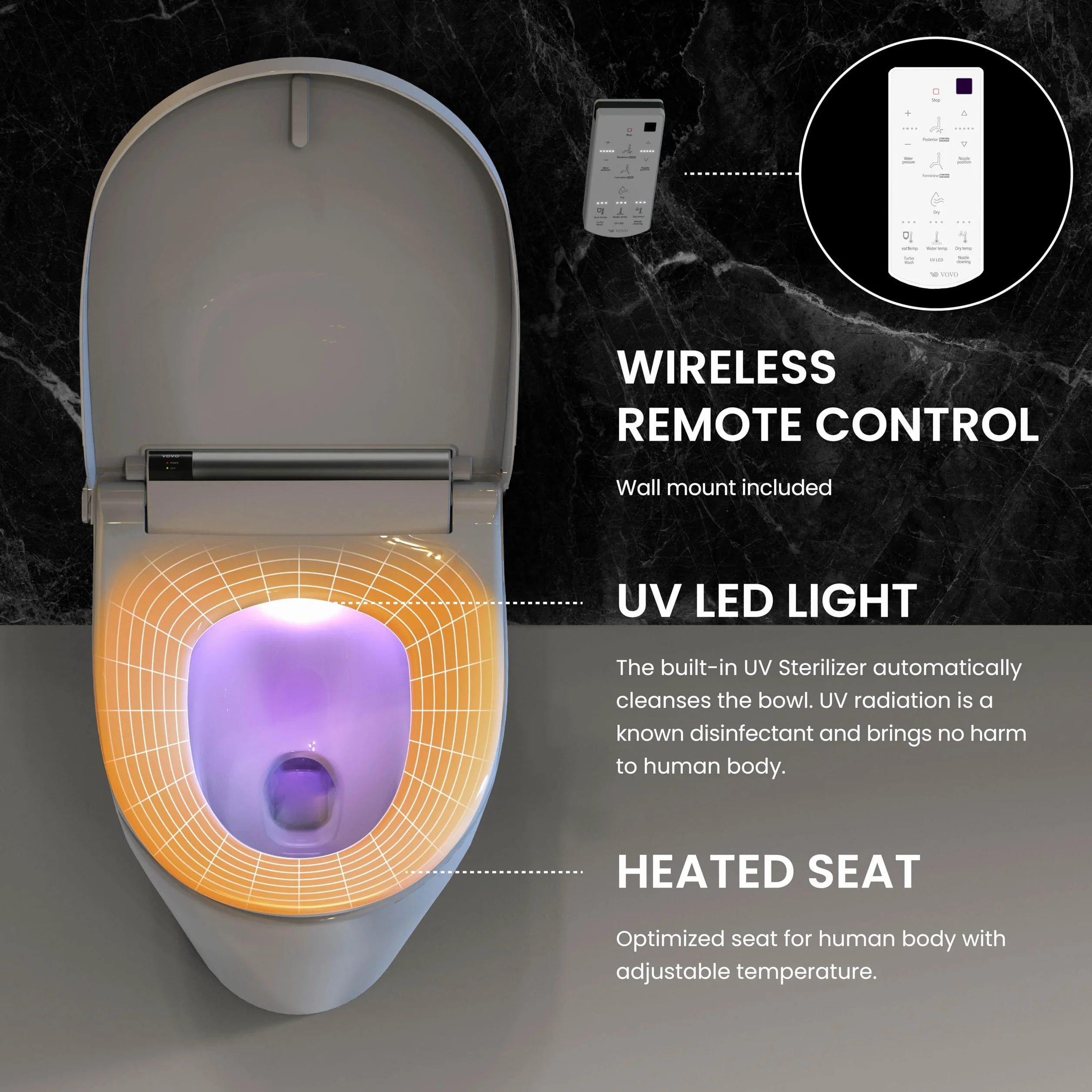 VOVO STYLEMENT VB-4100SR Electronic Smart Bidet Toilet Seat, Easy Install, Heated Seat,Warm Dry and Water, LED, Deodorization, Eco Power Save,Self Cleaning Full Stainless Nozzle, Round, Made in Korea
