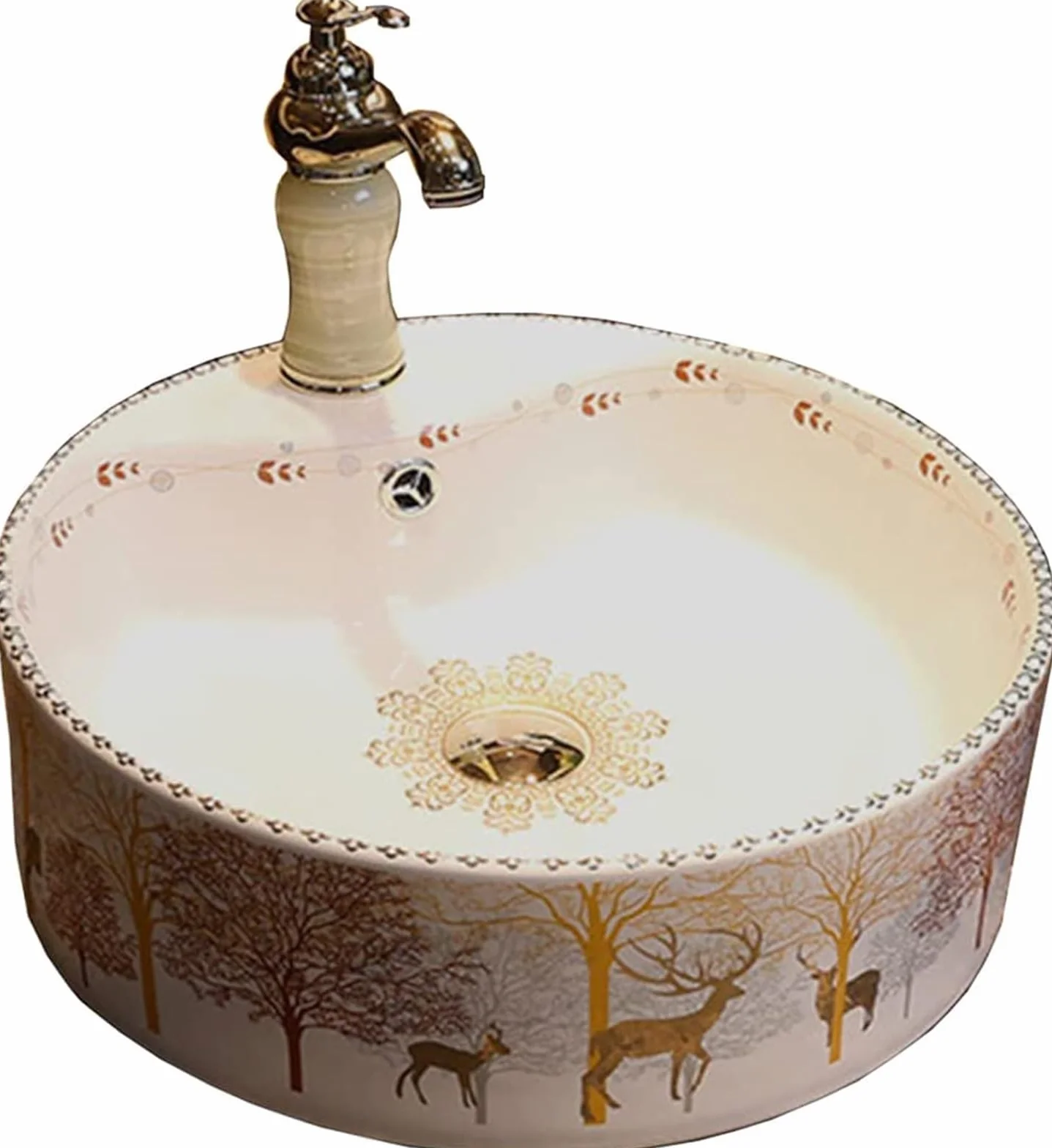 Umywalka Nablatowa Ceramiczna, Ręcznie Robiona Umywalka Nablatowa Ceramiczna, Malowana Umywalka Nablatowa Biała, Gładkie Wykończenie, Artystyczna Umywalka Z Baterią,Roundartbasin46*46 * 16.5cm