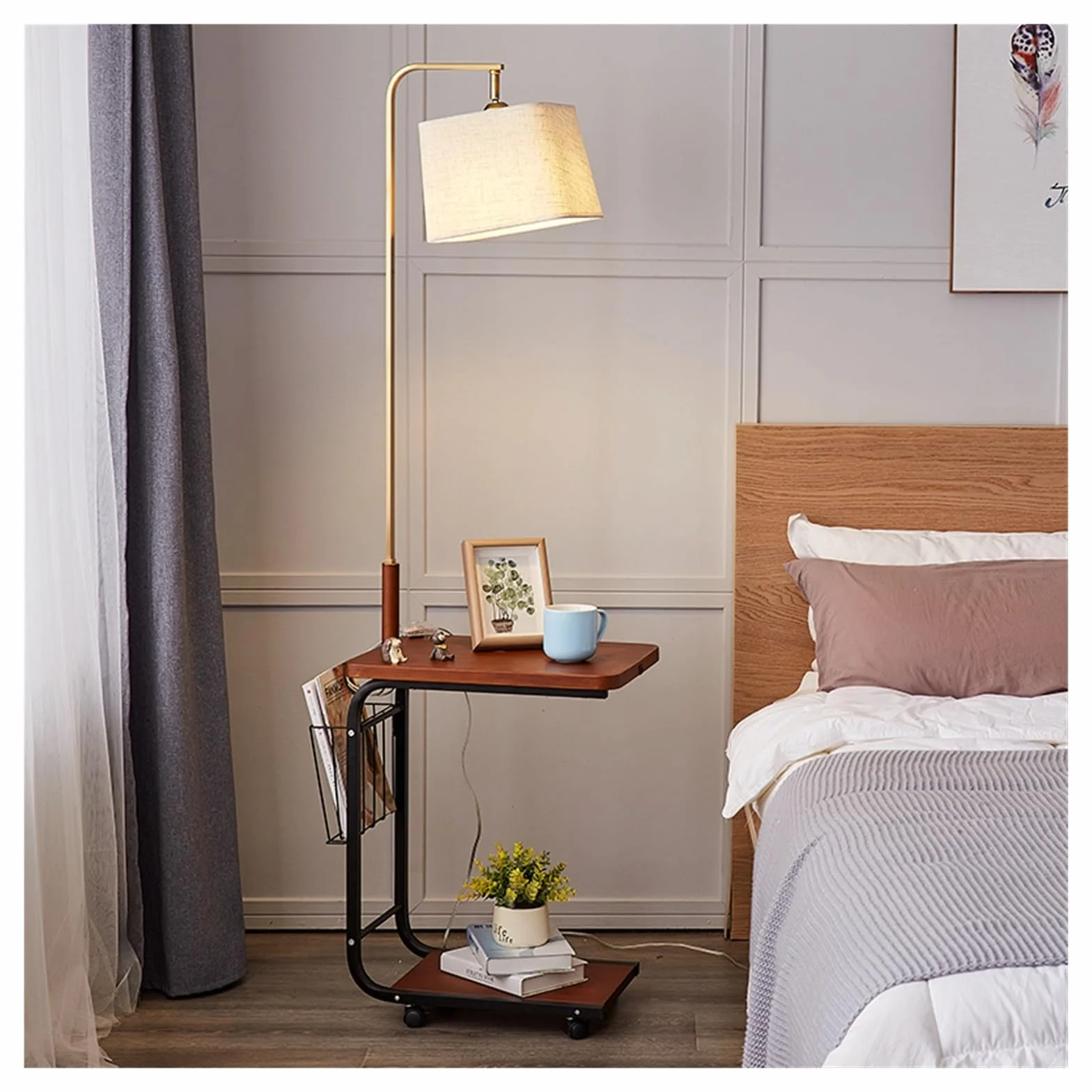 Lampa podłogowa ze stolikiem Nowoczesna kreatywna lampa podłogowa ze stołem, lampa biurkowa z portem USB, stolik końcowy z lampą podłogową, żarówka LED o 3 temperaturach barwowych do podłogi, salonu i