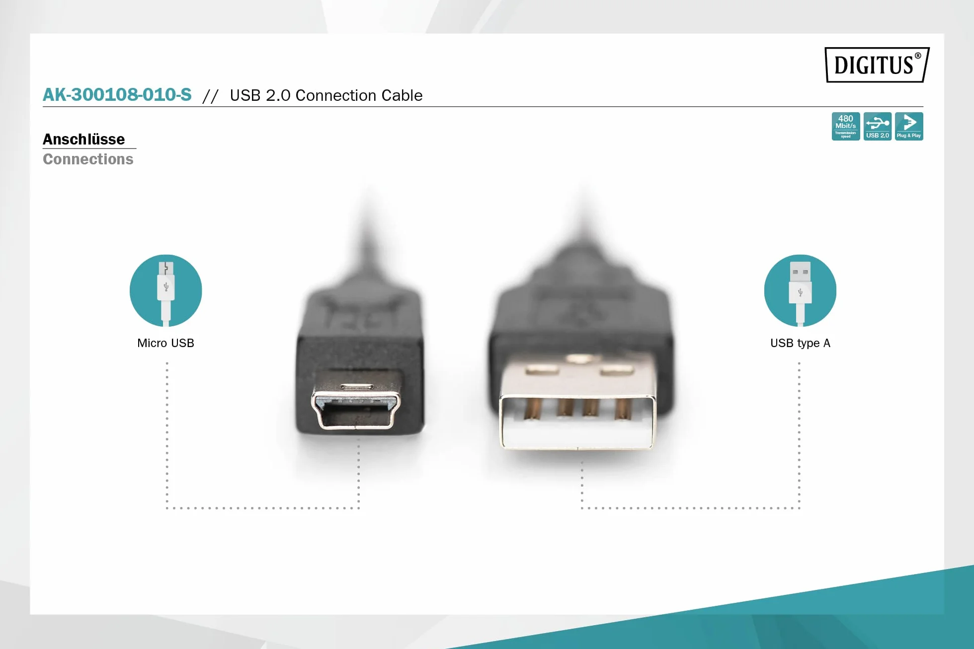 DIGITUS Kabel USB 2.0 1 m USB A do Mini B 5 pinów 480 Mb/s Czarny