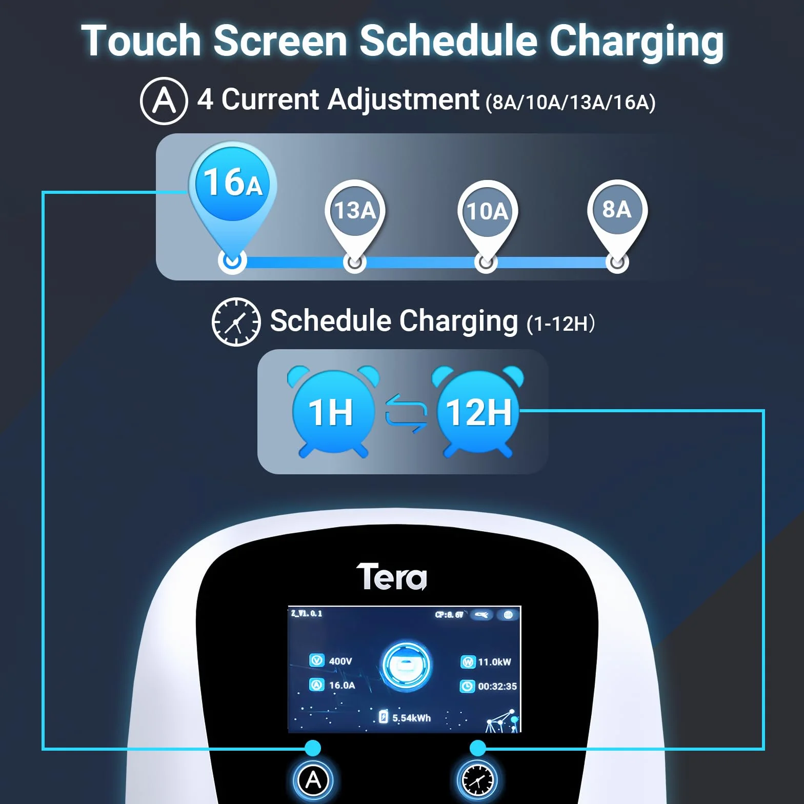 Tera Smart EV ładowarka typu 2, Wallbox z aplikacją 11 kW, 16 A, 400 V, CE i TÜV, z Wi-Fi i Bluetooth, 7 m, kabel do ładowania z uchwytem do ładowarki, domowy Wallbox CEE 3-fazowy wtyk do EVs i PHEV