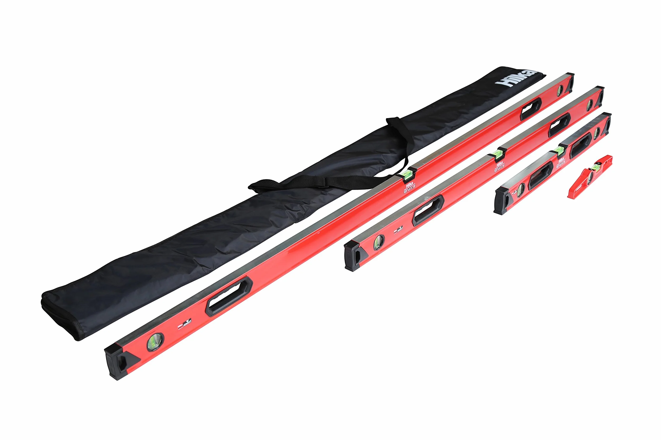 Hilka Tools 63990004 4-częściowy zestaw poziomów PCE Torpedo, 61 cm, 120 cm, 183 cm, czerwony i czarny