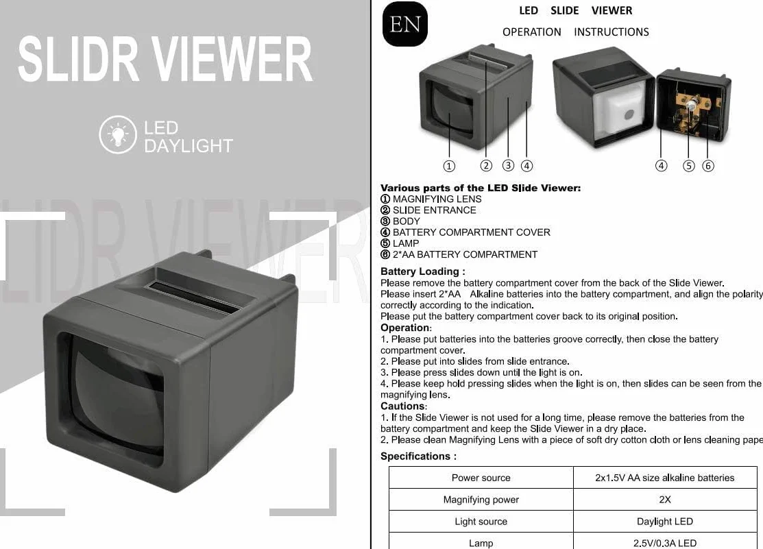 Podświetlana diodami LED 35 mm przeglądarka slajdów (2 baterie AA w zestawie)