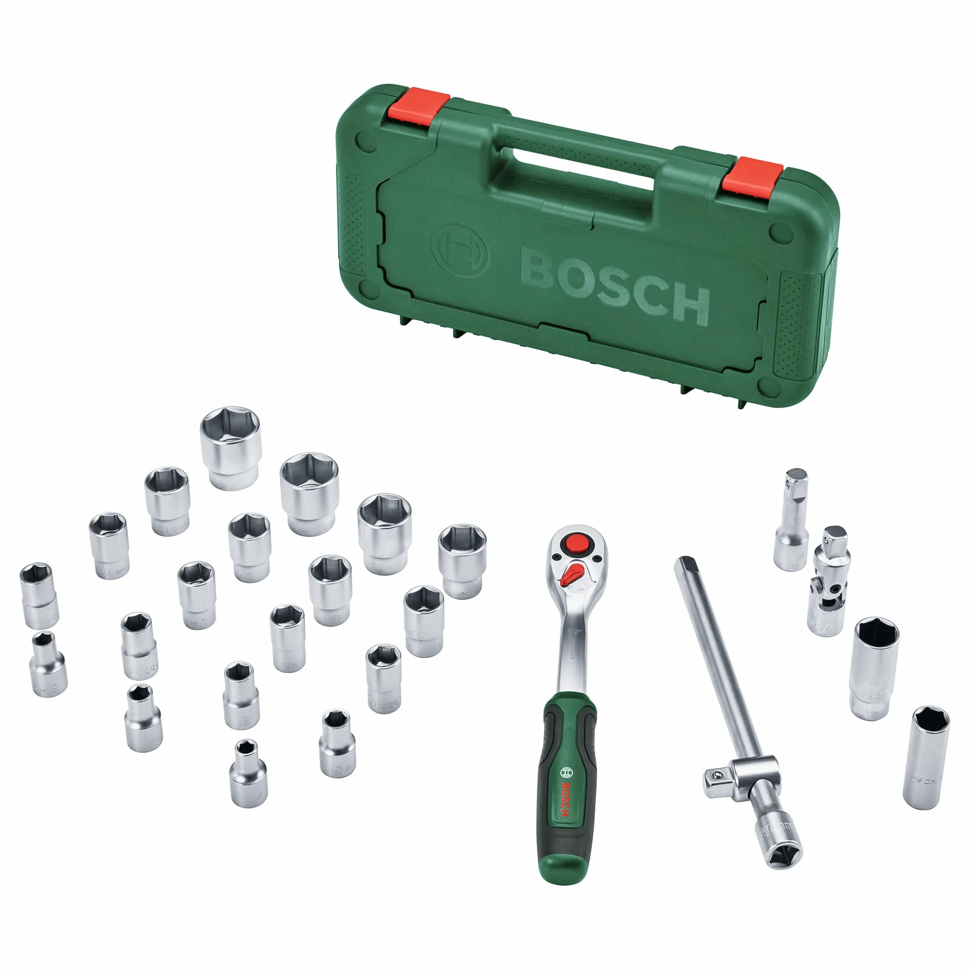 Bosch 25-częśc. zest. z grzechotką 1/2" (grzechotka 1/2" do zastosowań w majsterkowaniu, wys. moment obr. do 768 Nm, przycisk blokady, zmiana kierunku, zaokrągl. szyjka, rękojeść Softgrip, walizka)