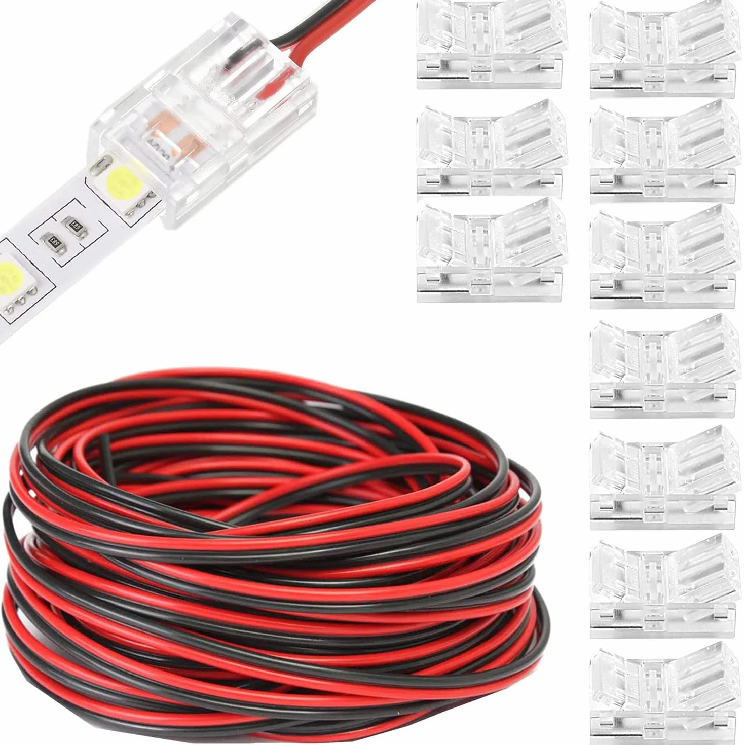 RUNCCI-YUN 3528 2835 2-pinowy 8 mm zestaw złączy świetlnych RGB LED, zawiera przedłużacz LED 20 m, złącze bez przerw, do szybkiego połączenia taśmy LED 8 mm z przewodem
