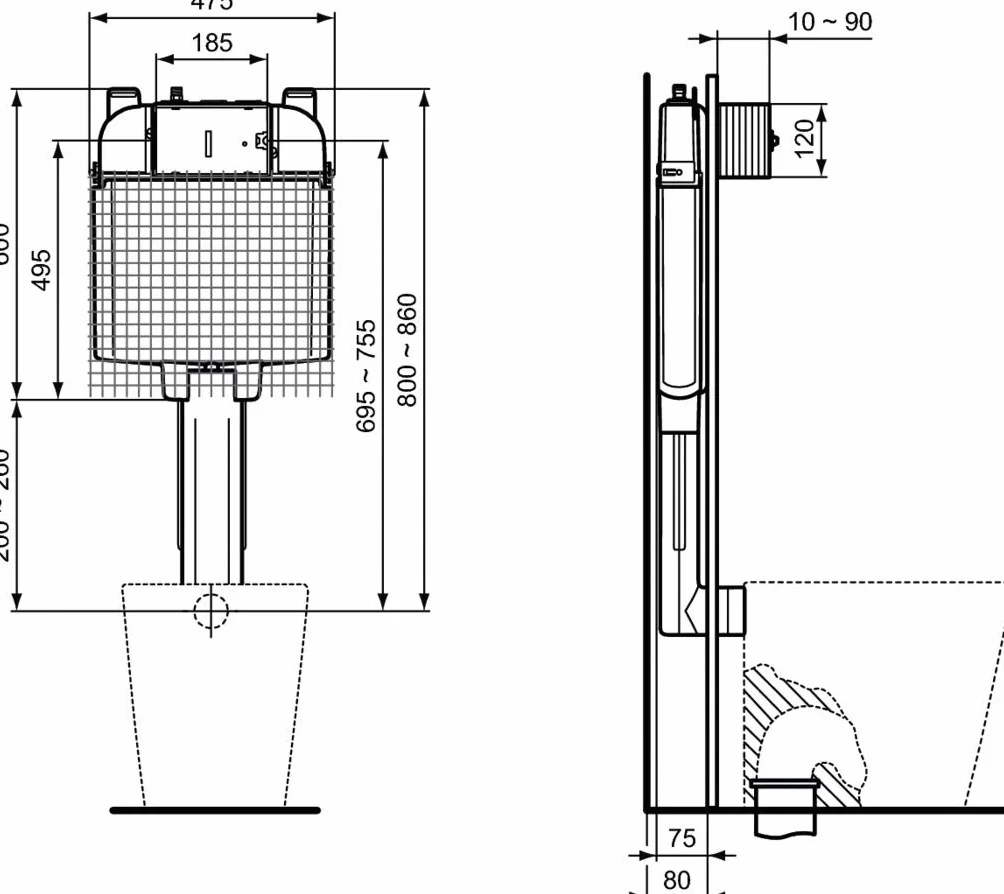 Ideal Standard T4931AA Prosys 80 spłuczka do toalety stojącej + płytka mechaniczna Oleas M1 chromowana