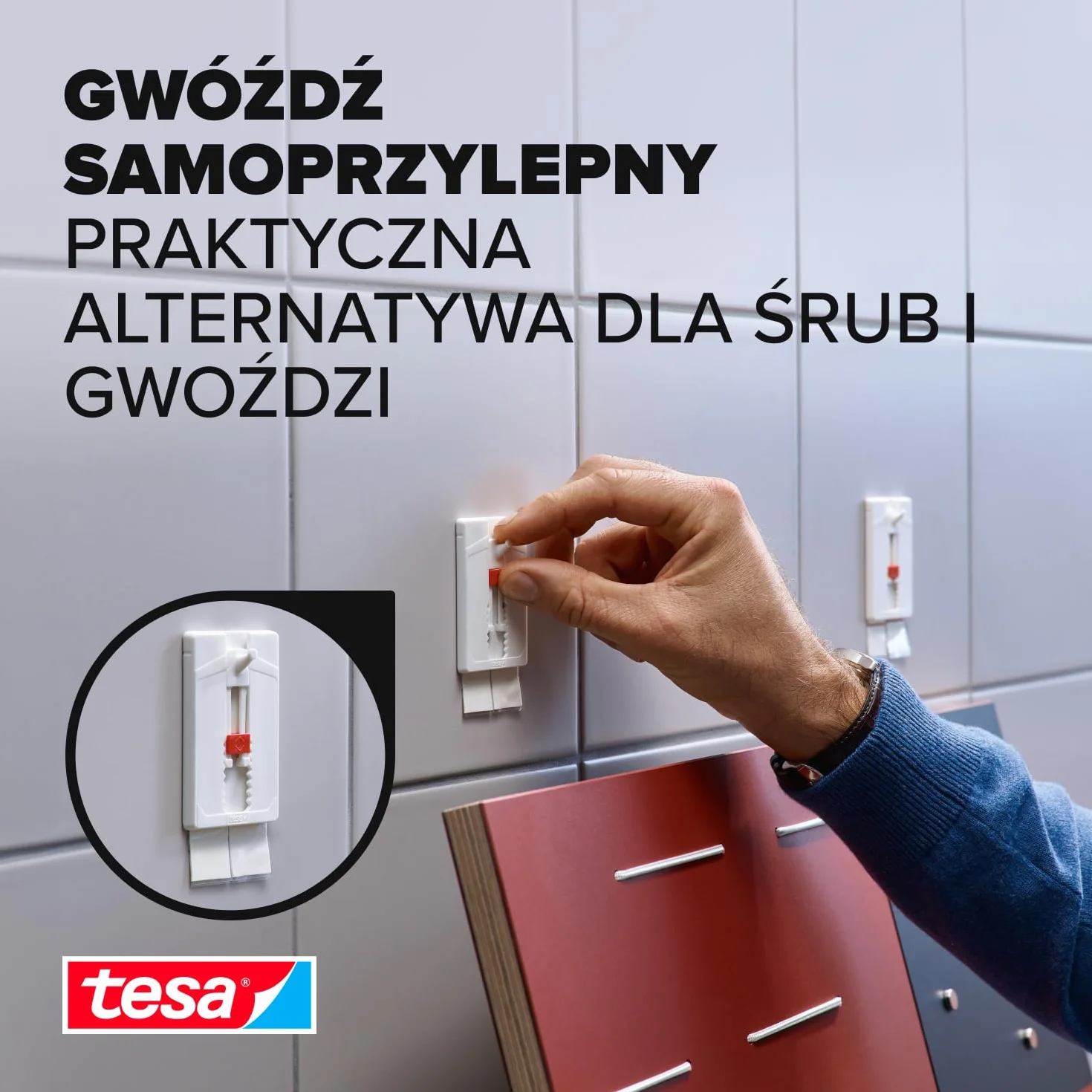 tesa Gwóźdź samoprzylepny do płytek i metalu, regulowany, 2 sztuki – możliwość dopasowania gwoździ do gładkich i twardych powierzchni w łazience i kuchni, siła trzymania 4 kg – zdejmowalne i