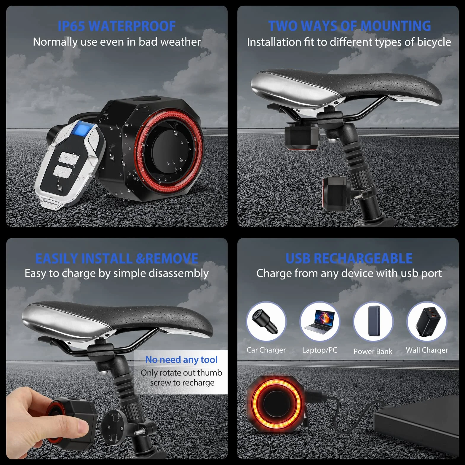 Budzik rowerowy, z akumulatorem USB, z tylnym światłem, bezprzewodowy alarm motocyklowy z uchwytami montażowymi, inteligentny z alarmem rowerowym, pilot zdalnego sterowania 110 DB, super