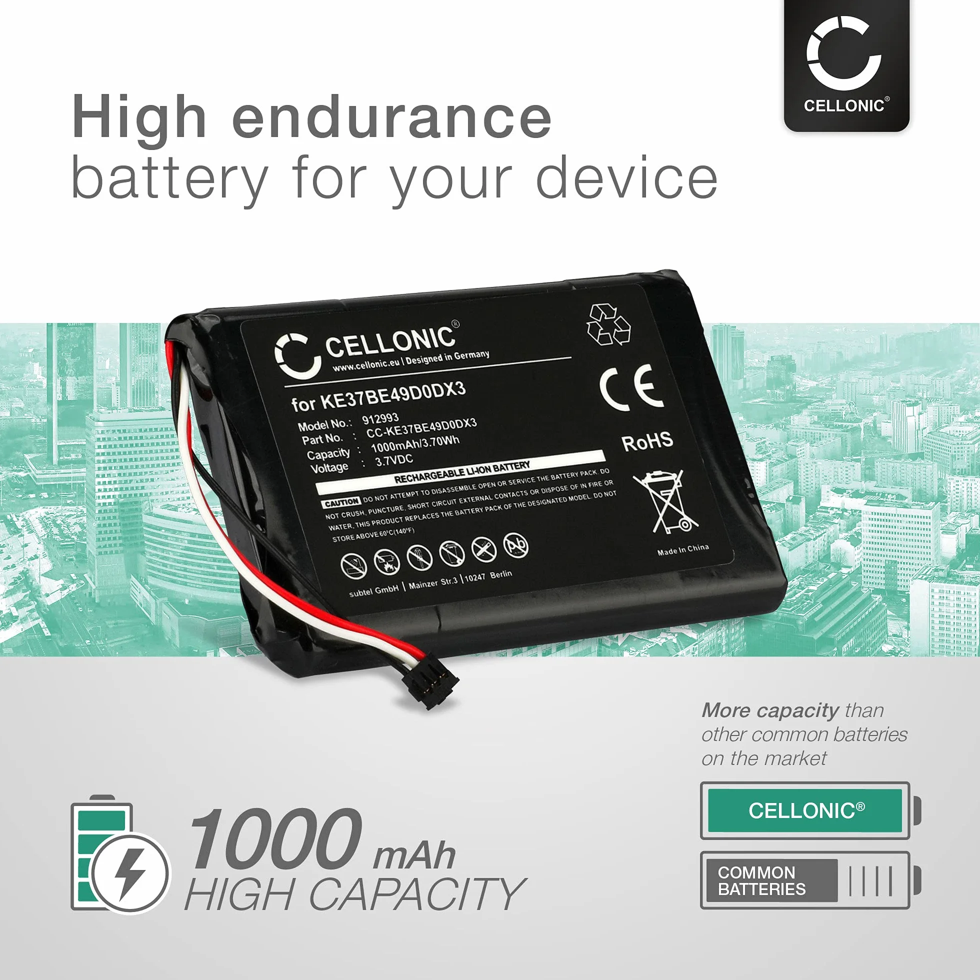 CELLONIC, Bateria GPS kompatybilna z Garmin Edge 810, Edge 800, Edge Touring (1000 mAh, 3,7 V) zapasowa bateria 361-00035-00, KE37BE49D0DX3