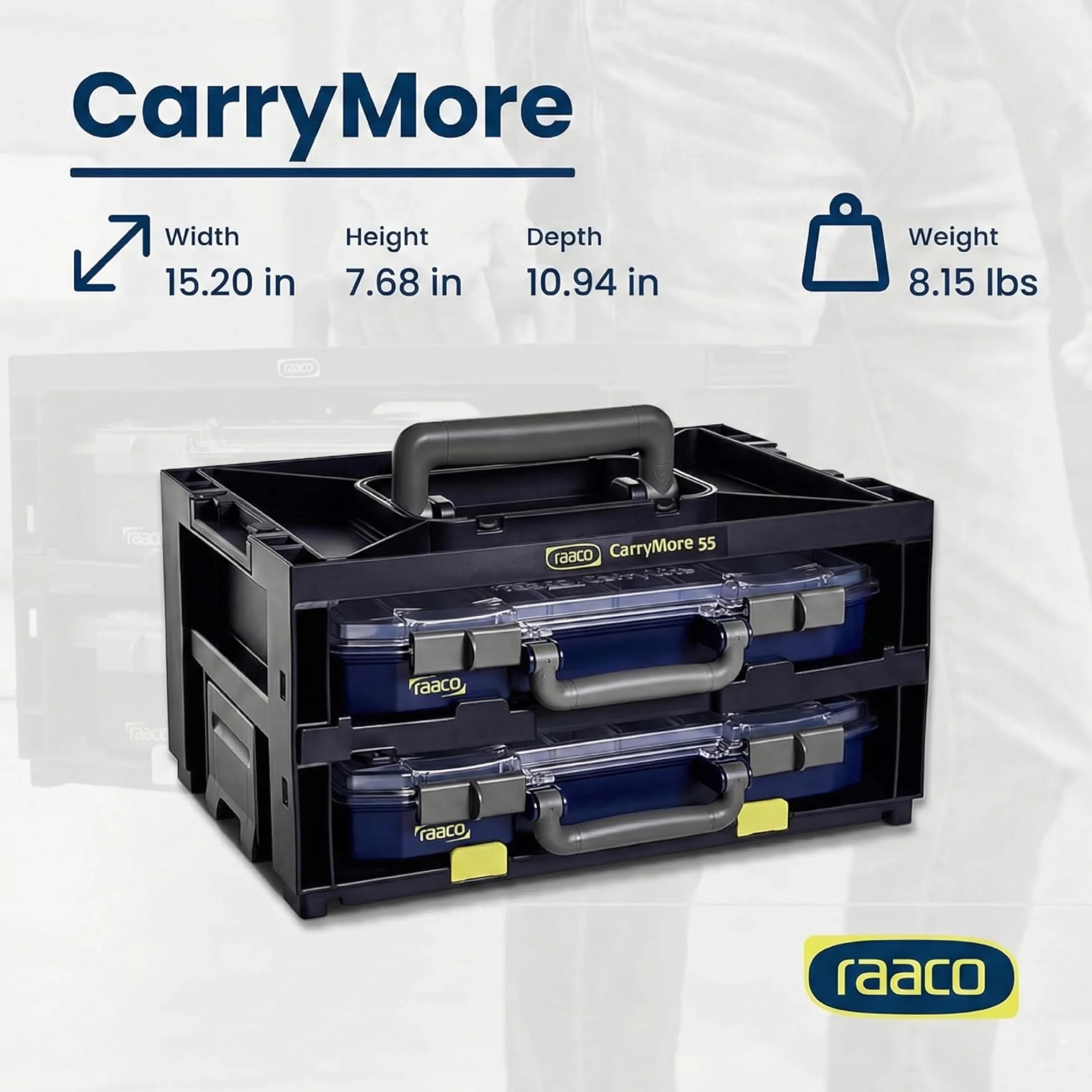raaco CarryMore 55 x 2: lekka skrzynka asortymentowa do warsztatu, Kistenberg z 2 skrzynkami do sortowania małych części, nośność 25 kg, bezpieczny transport przechowywania, magazynek na małe części