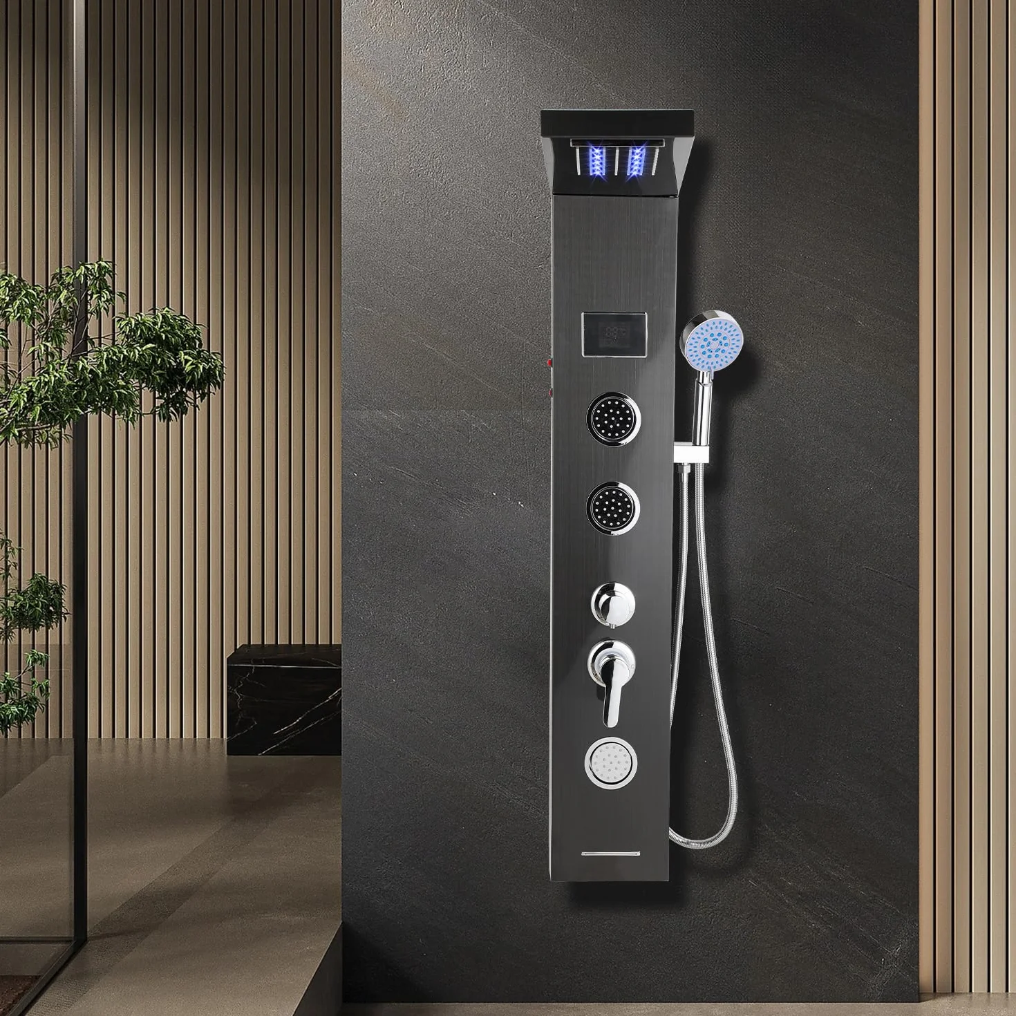 Panel prysznicowy, 5 funkcji kolumny prysznicowej, system paneli prysznicowych ze stali nierdzewnej z armaturą, system deszczownicy ze wskaźnikiem temperatury LED, regulowane dysze do masażu