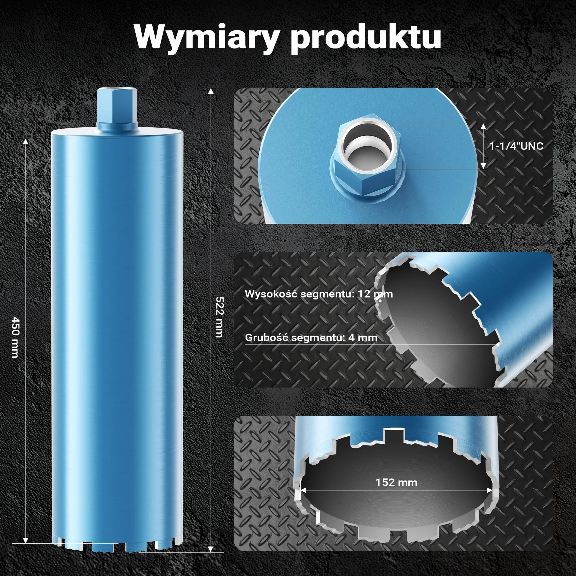 Wiltec Wiertło diamentowe koronowe typu Shark Ø 152 mm o długości 450 mm, 1¼ UNC, do wiercenia w betonie, kafelkach, kamienia i granitu