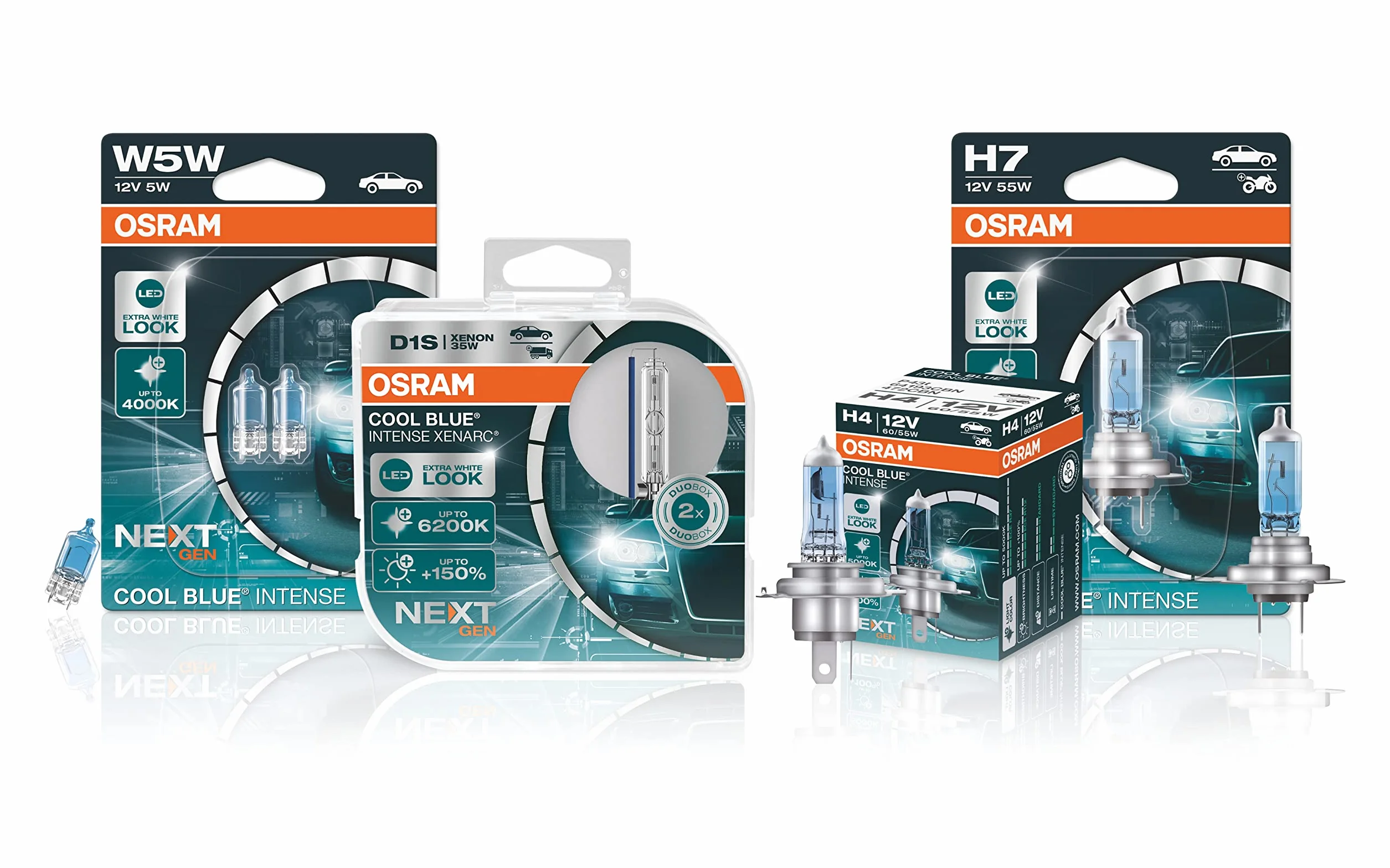 OSRAM COOL BLUE INTENSE H4, +100% jaśniejsze światło, do 5000K, żarówka halogenowa, wygląd LED, kartonowe pudełko (1 lampa)