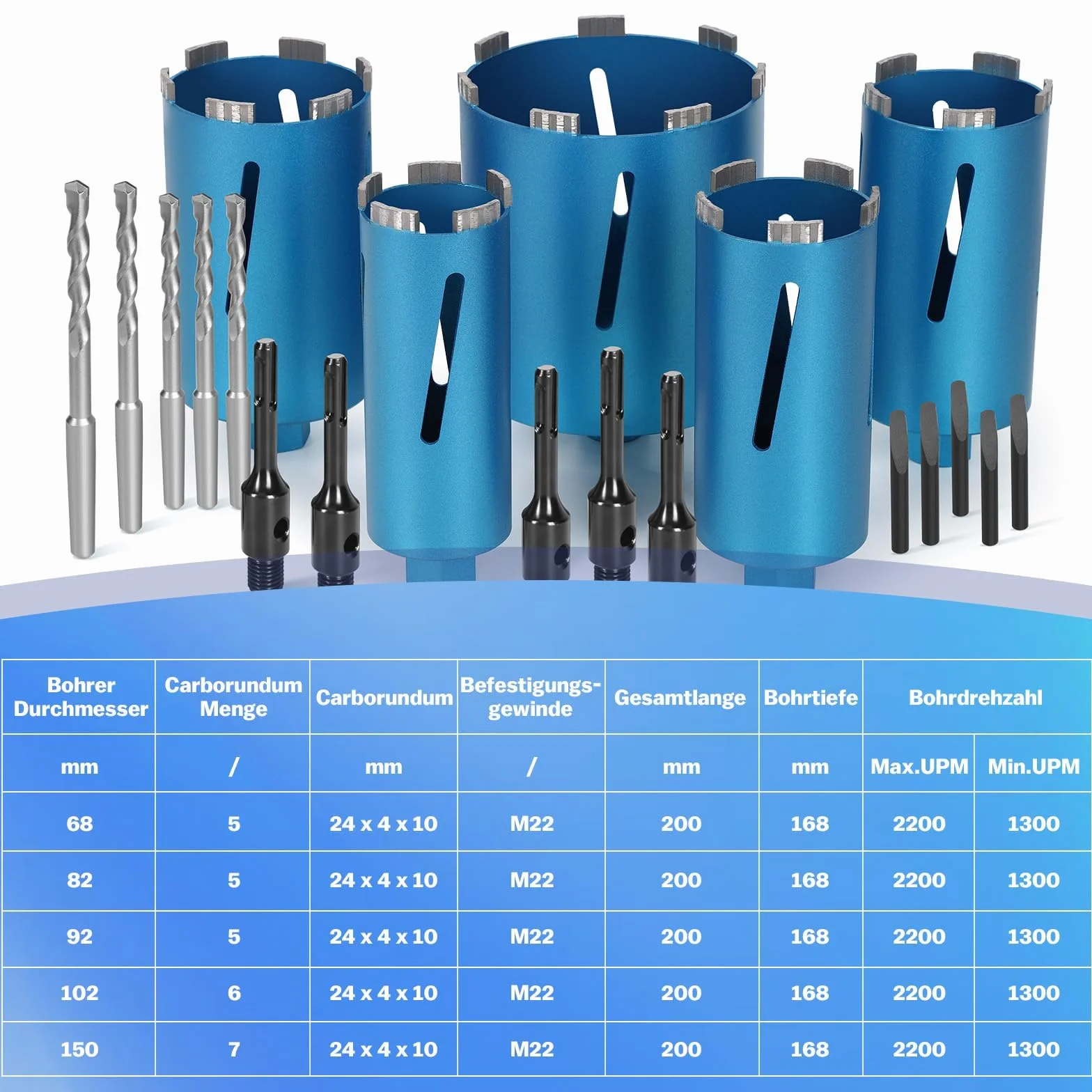 M22 diamentowa korona Ø 102 mm długość całkowita 200 mm, wiertło rdzeniowe Turbo z adapterem SDS Plus 110 mm, diamentowa piła do betonu, płyty pumeksu wapiennego | Profesjonalne wiertła turbo 10 mm, otwornica na sucho i na mokro, do betonu, muru, kamienia