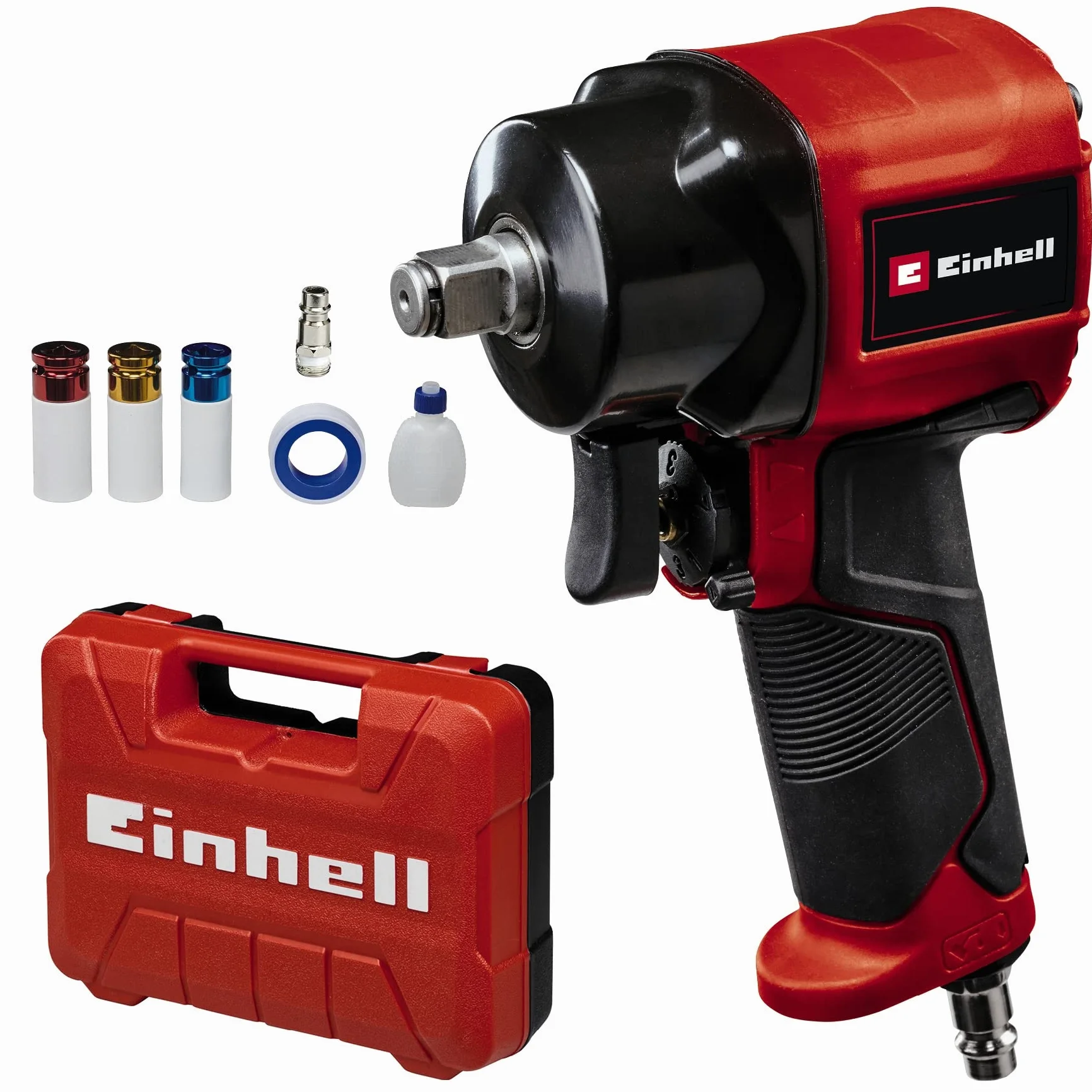 Einhell Kompaktowy pneumatyczny klucz udarowy TC-PW 610 (maks. 8 bar, maks. moment obrotowy 610 Nm, uchwyt czworokątny 1/2", obrót w prawo/w lewo, dostawa w skrzyni, w tym 3 nasadki)