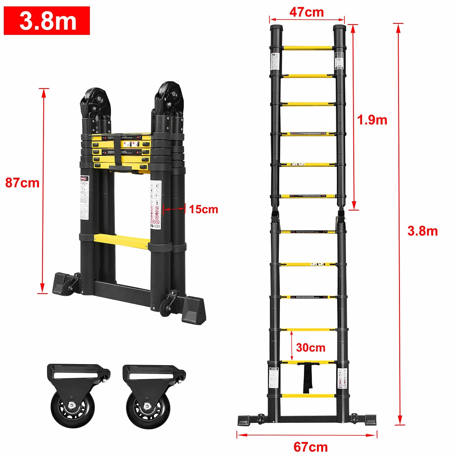 UISEBRT Drabina teleskopowa 3,8 m, składana, aluminiowa, wielofunkcyjna, antypoślizgowa, aluminiowa, wielofunkcyjna, składana, maks. obciążenie 150 kg, czarna (1,9 + 1,9 m)
