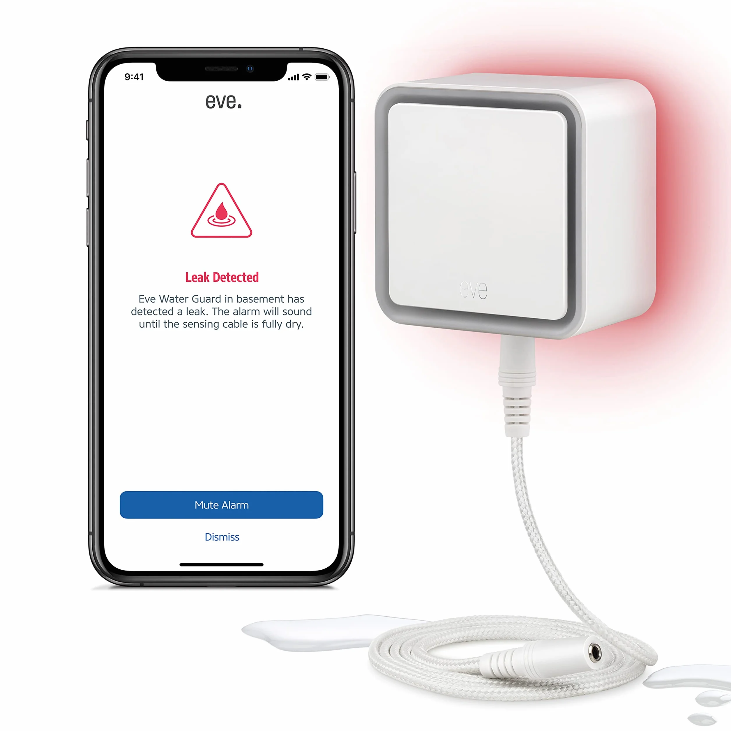 Eve Water Guard - inteligentny czujnik zalania, 2 m kabel, 100 dB alarm, iPhone, iPad, Apple Watch, Apple HomeKit, Bluetooth & Thread