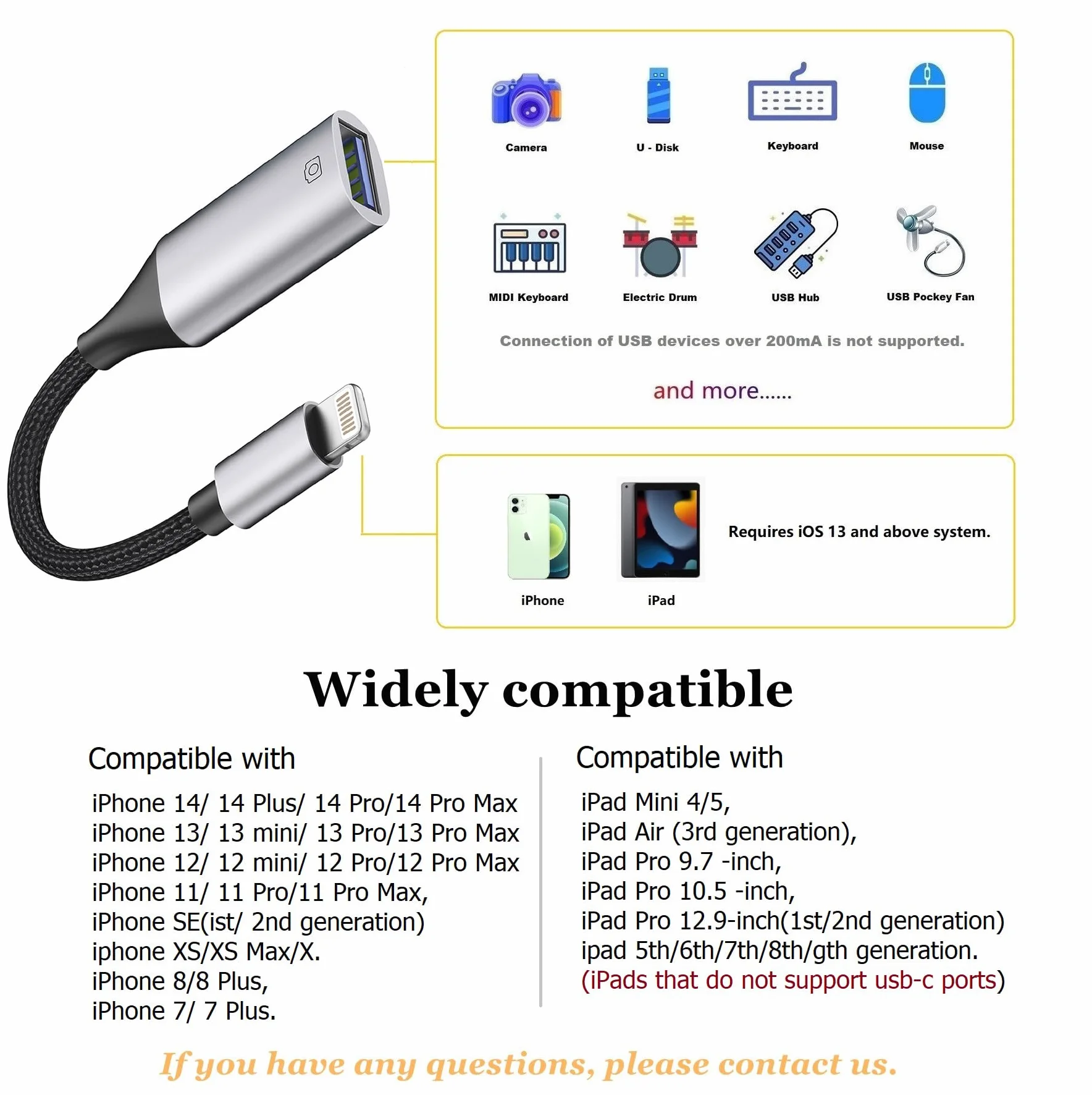 Adapter Lightning na USB MFi do iPhone'a iOS OTG kabel pamięć flash czytnik kart