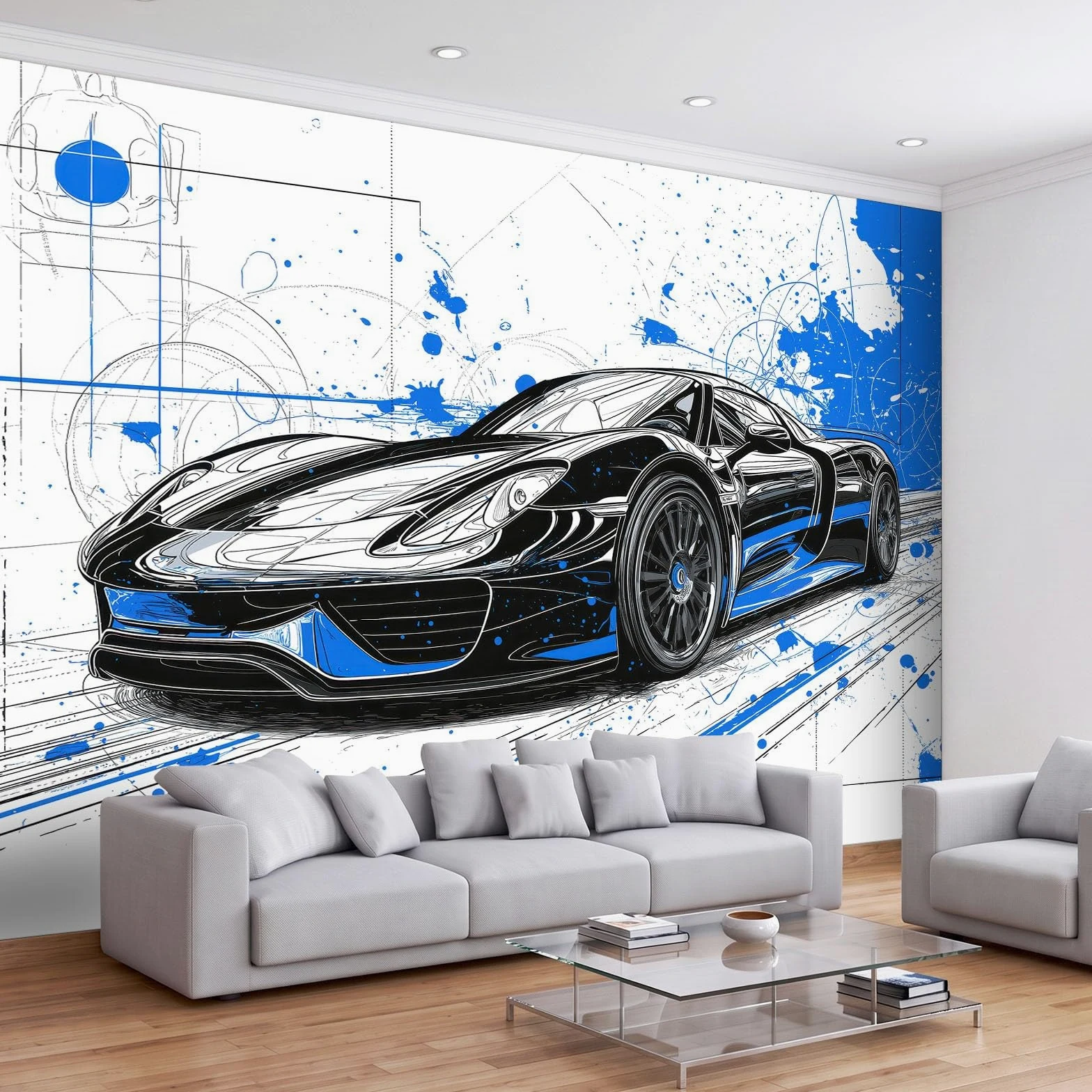 350 x 256 cm, fototapeta z włókniny, na wymiar, fajna, sportowa, linie samochodu, niebieska, fotorealistyczny, druk HD, tapeta na flizelinie, tapeta z motywem, dekoracja ścienna, dekoracja ścienna