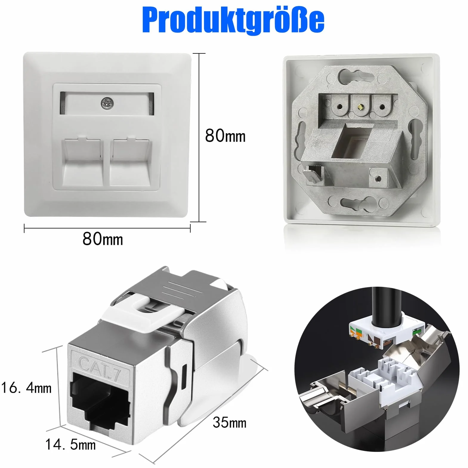 Joycabin Gniazdo sieciowe 2 porty CAT 7 podtynkowe i 2 x CAT 7 Keystone RJ45 moduł LAN Ethernet Keystone puszka gniazdo do zabudowy do CAT 5e CAT 6 CAT 6a maks. 10 Gbit/s STP podtynkowe gniazdo