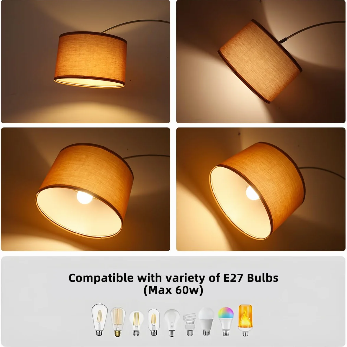 Lampa podłogowa łukowa LUNA do salonu | Zawiera gniazdo LED E27 | Czarny klosz materiałowy o długości 33 cm | Przełącznik nożny | Lampa łukowa w stylu vintage, odpowiednia do sypialni i hoteli