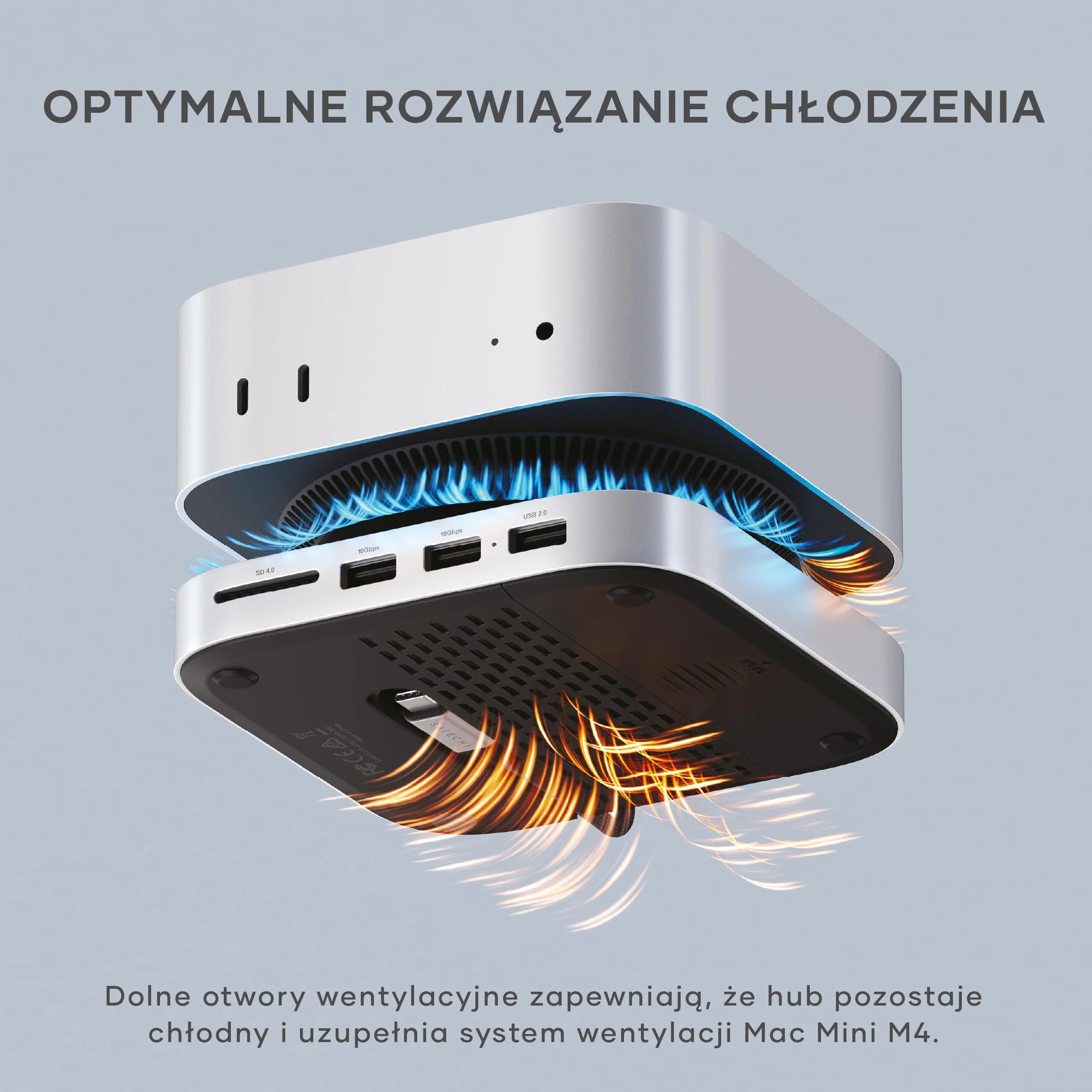 SATECHI Stacja dokująca Mac Mini M4 Hub & Stand z obudową na SSD NVMe, 2x USB-A 10 Gbps, czytnikiem kart SD – Srebrny