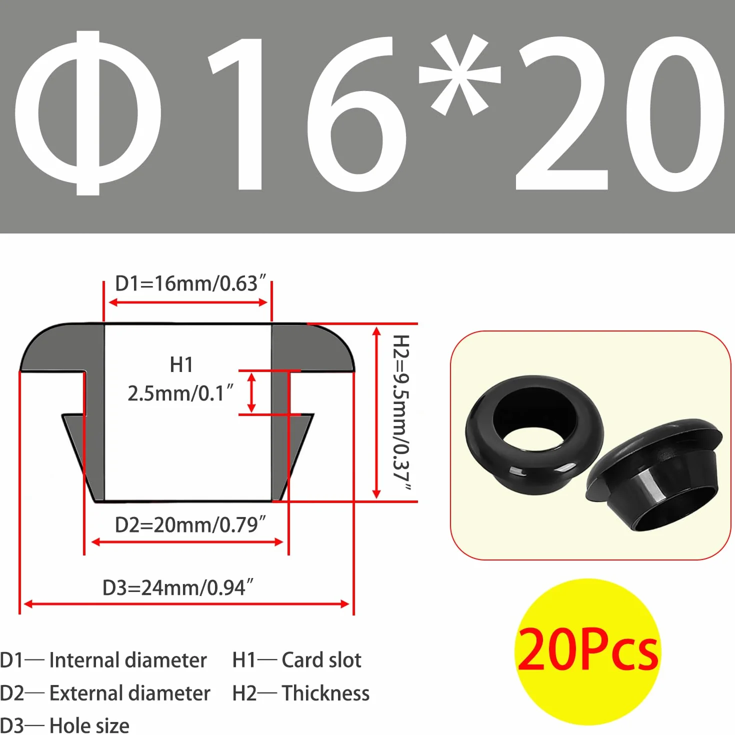 Qrity 20 sztuk gumowych tulejek, elektryczne uszczelki przewodów, przepust kablowy, do ochrony przewodów i kabli, ID 16 mm, średnica montażowa 20 mm