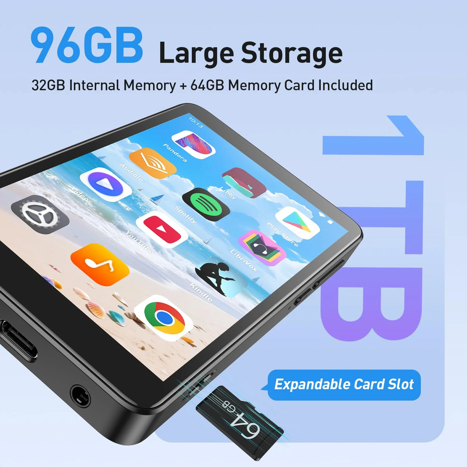 AGPTEK odtwarzacz MP3 Spotify 96 GB z Bluetooth i Wi-Fi, 4-calowy ekran dotykowy Android 14 odtwarzacz muzyki MP4, obsługa Audible, aplikacji, radia FM, Amazon Music, do 1 TB, czarny