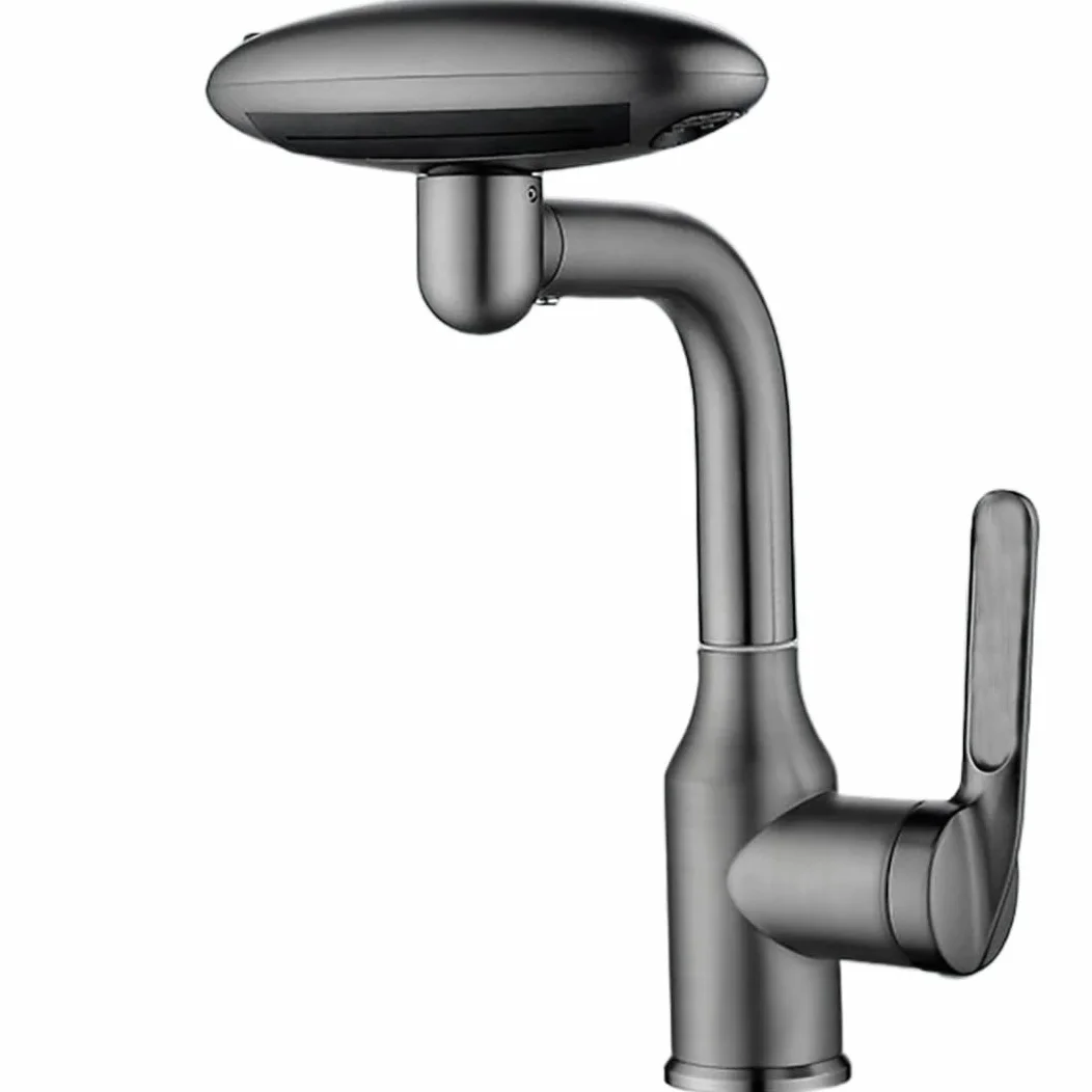QHQQXN Wielofunkcyjny, obracany o 360° kran wodospadowy — 4 tryby strumienia, bateria mieszająca ciepłą i zimną wodę do zlewu w łazience — elegancki ciemnoszary, stylowe i praktyczne akcesorium