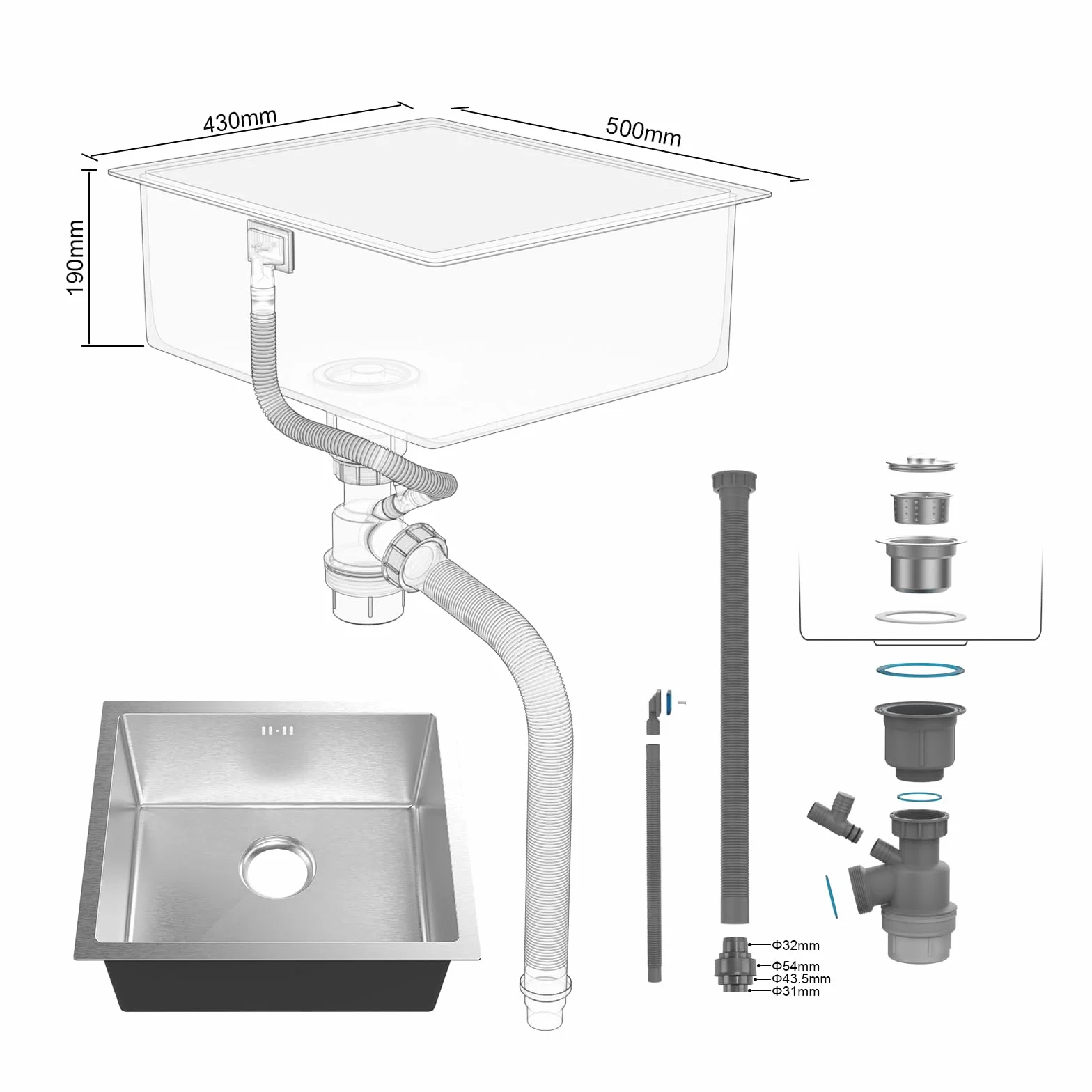 Ibergrif M85043 Zlewozmywak kuchenny ze stali nierdzewnej 50x43 cm Undermount Topmount pojedyncza miska