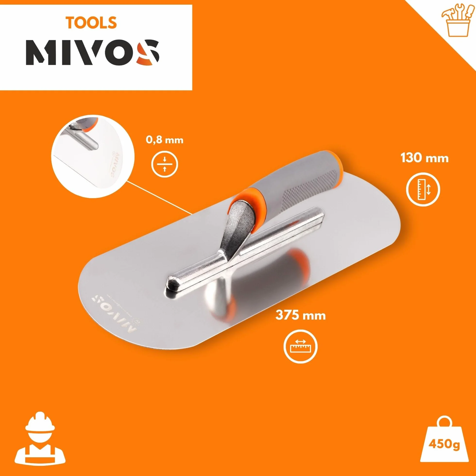 MIVOS Paca wygładzająca ze stali nierdzewnej 375 x 130 mm - Półokrągła - Paca do wygładzania z ergonomicznym, miękkim uchwytem - Płyta do tynkowania i murowania - Wyprodukowano w UE