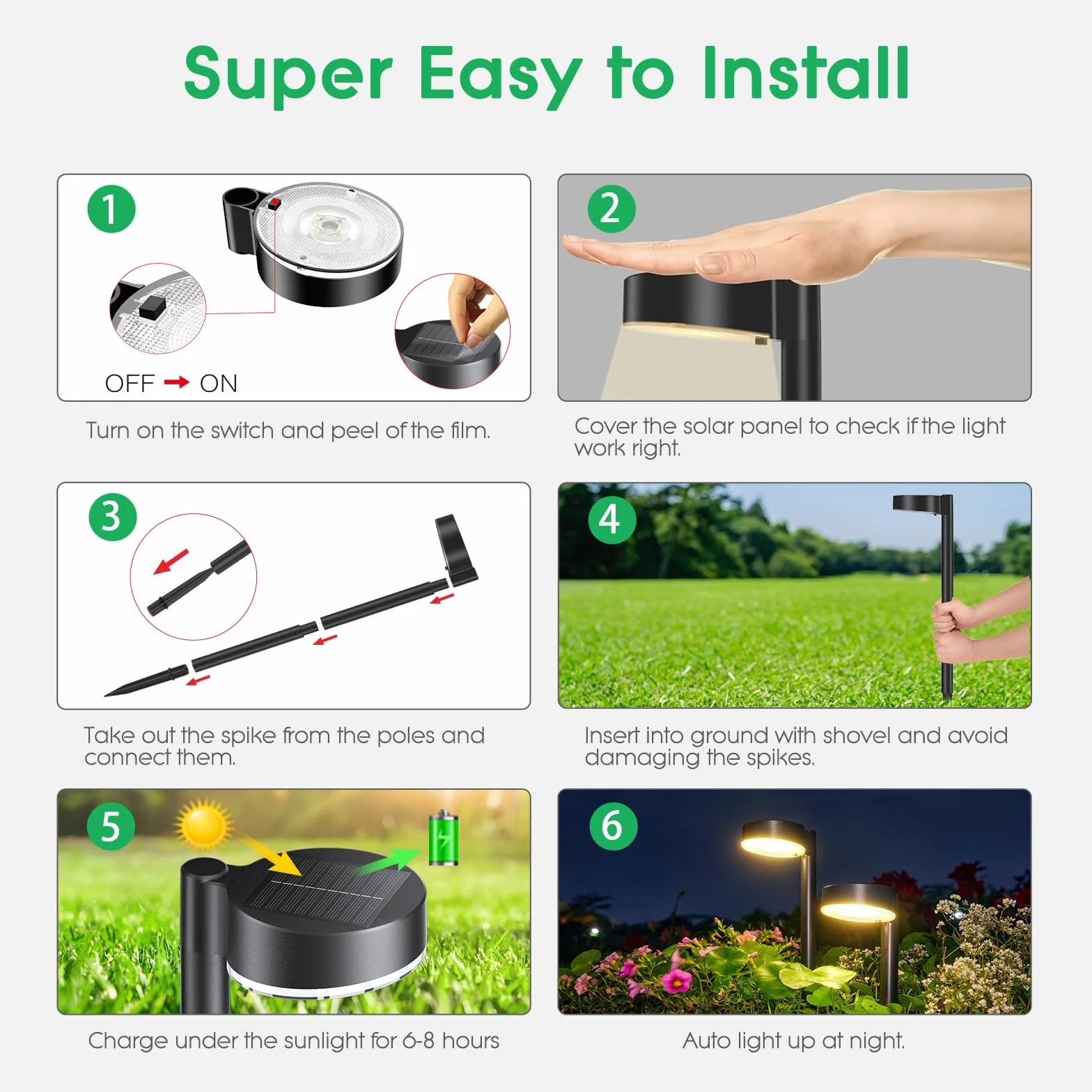 BUCASA Lampy solarne do ogrodu, 8 x 12 diod LED, jasne lampy solarne do użytku na zewnątrz, z dłuższym czasem pracy, wodoszczelność IP65, solarne lampy ogrodowe, dekoracja na trawnik, taras
