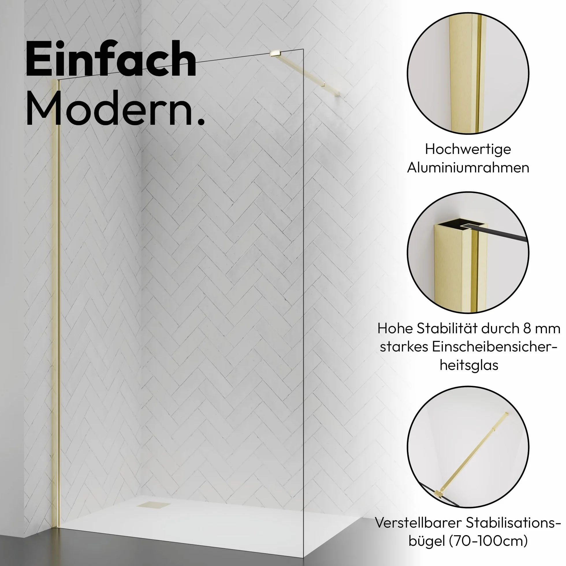 Ścianka prysznicowa Walk-In 120 x 200 cm – 8 mm szkło bezpieczne ESG, złota, dwustronna, rama aluminiowa, uchwyt stabilizacyjny 70-100 cm, łatwy montaż, nowoczesna kabina prysznicowa