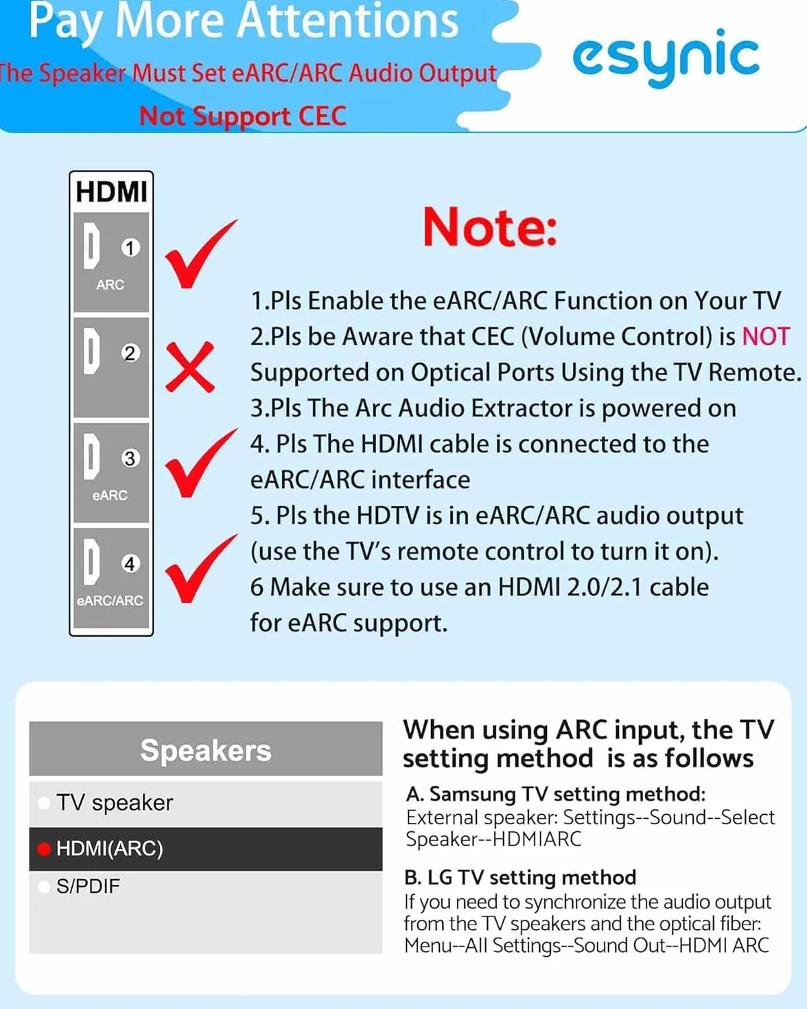 eSynic eARC/ARC HDMI Audio Adapter 1,5 m 192 kHz/24 bit Dolby Digital DTS 5.1 z Ekstraktorem Audio