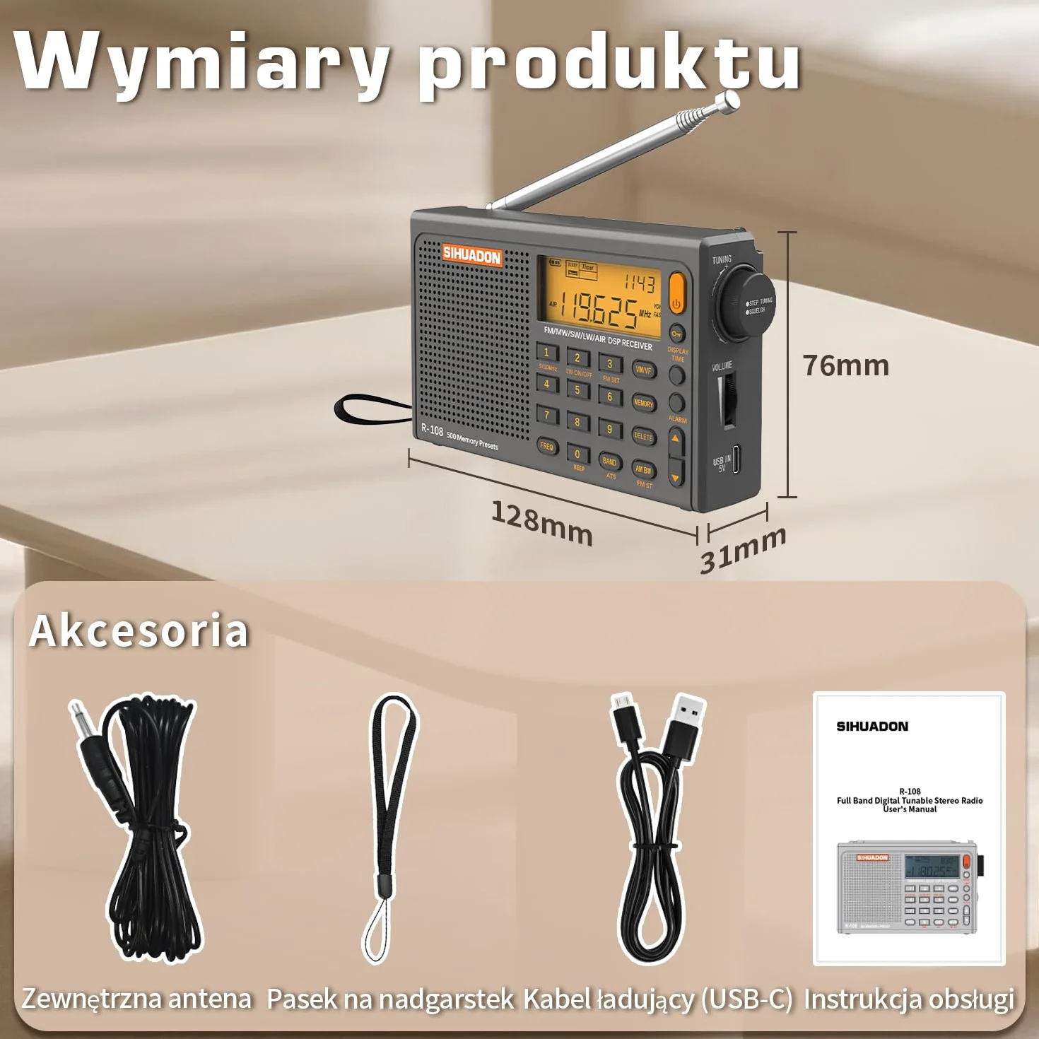 Radio przenośne SIHUADON R108 FM SW MW z czystym odbiorem, gniazdo słuchawkowe, timer, budzik, szary