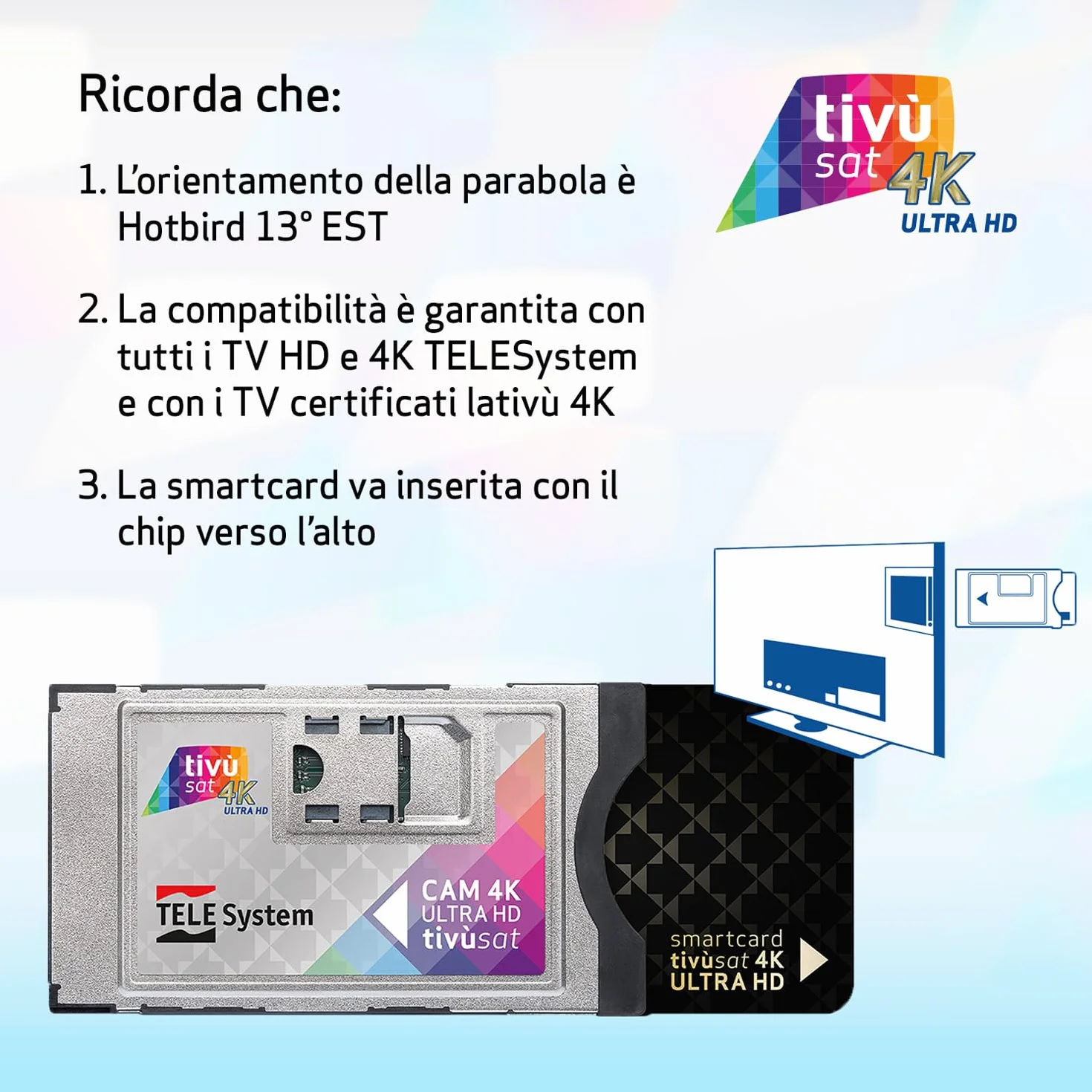 TELE System Tivùsat 4K Ultra HD certyfikowana kamera do oglądania kanałów w wysokiej rozdzielczości i 4K. Slot Cam do telewizora i dekodera, aktywna karta inteligentna w zestawie. Seria A z DAZN na