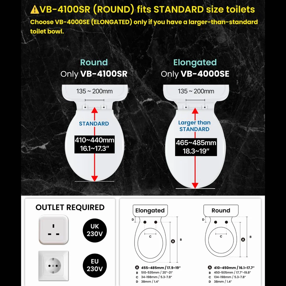VOVO STYLEMENT VB-4100SR Electronic Smart Bidet Toilet Seat, Easy Install, Heated Seat,Warm Dry and Water, LED, Deodorization, Eco Power Save,Self Cleaning Full Stainless Nozzle, Round, Made in Korea