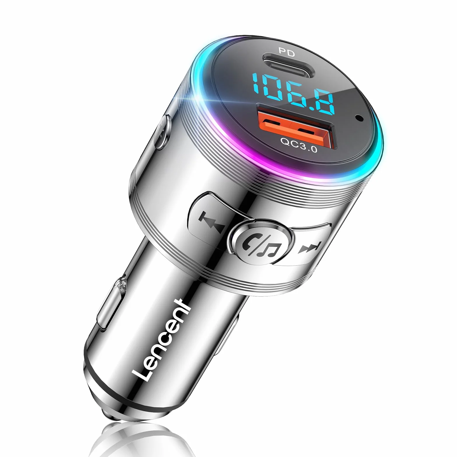LENCENT 5.3 Bluetooth FM Nadajnik Samochodowy 20W USB-C QC3.0 Ładowarka Zestaw Głośnomówiący