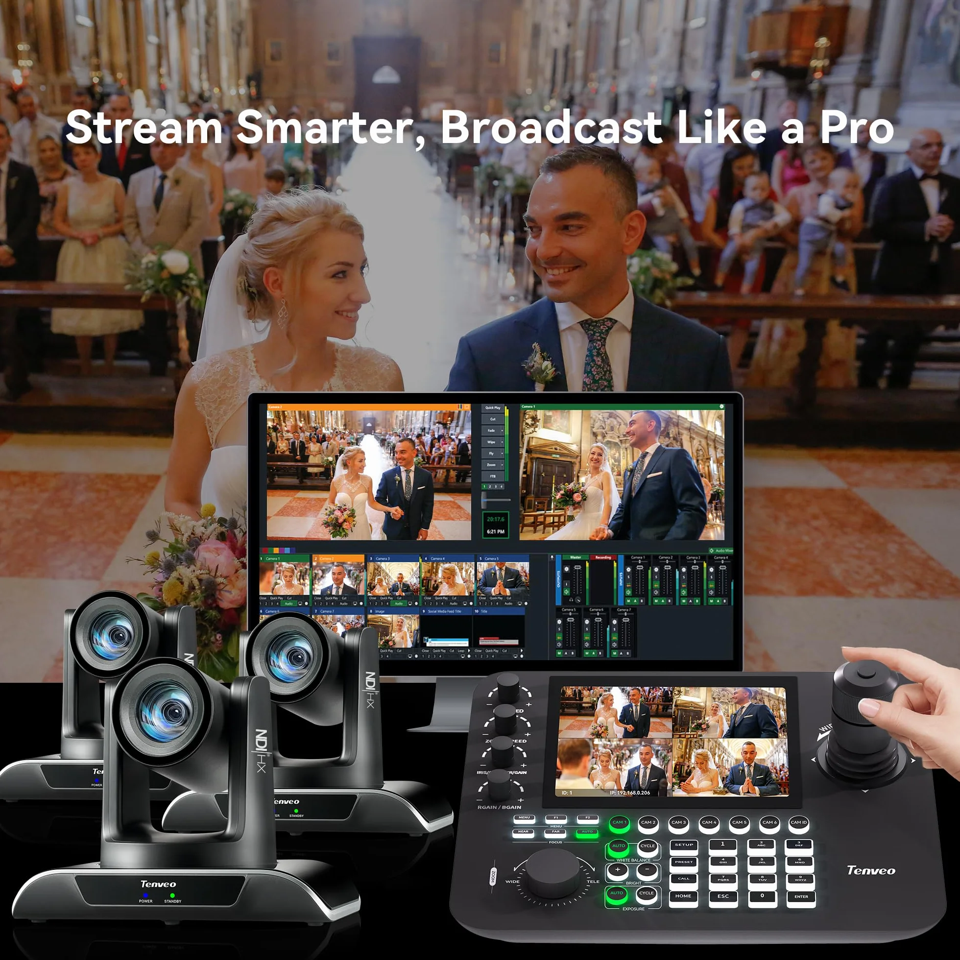 Tenveo NDI PTZ kontroler joysticka kamery, 7'' LCD Quad-Screen podgląd w czasie rzeczywistym, klawiatura sterowania joystickiem 4D obsługująca NDI PoE VISCA Pelco-D/P do nabożeństw kościelnych