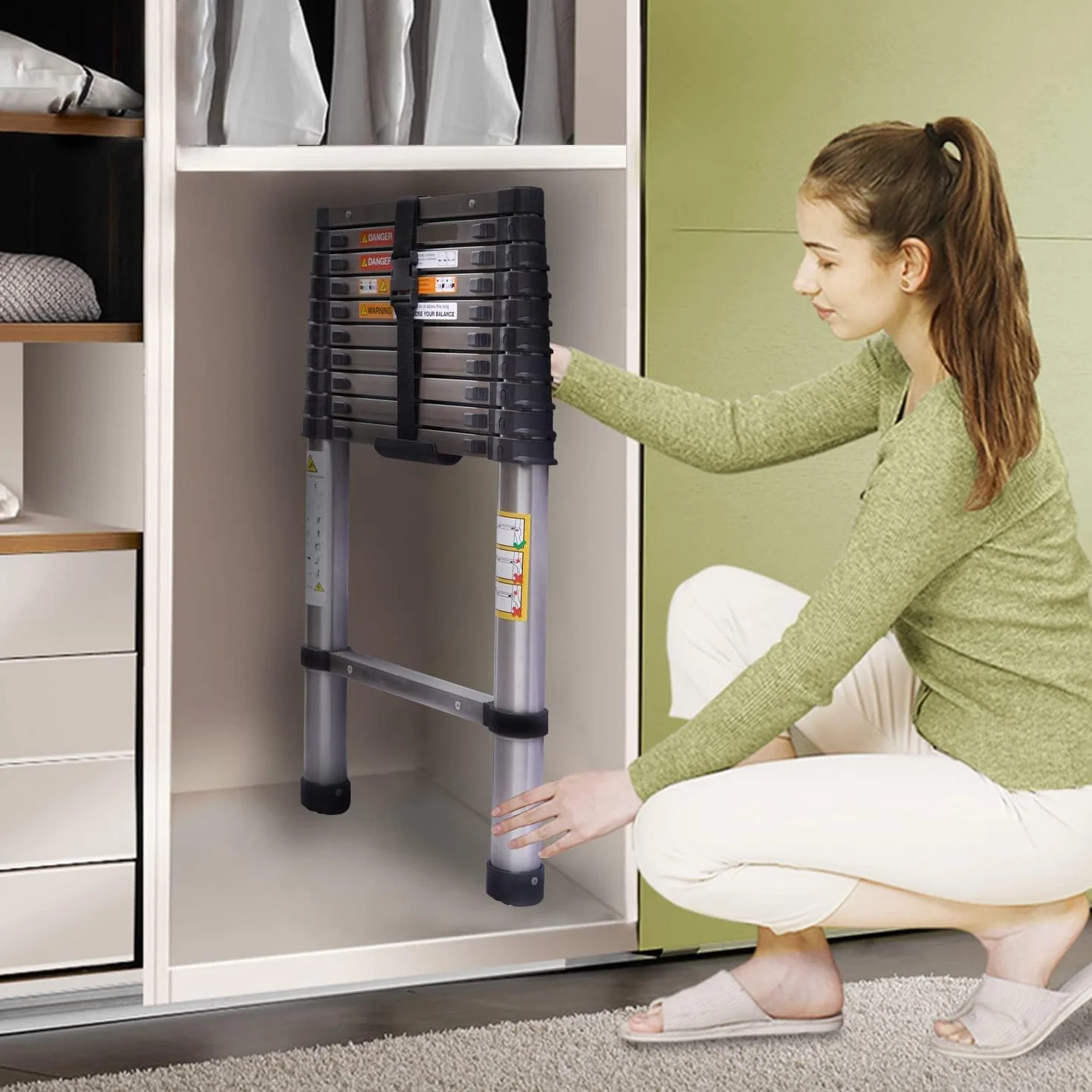 Drabina teleskopowa 3,2 m 10,5 stóp, wielofunkcyjna drabina teleskopowa ze stali nierdzewnej, wysuwana, przenośna, stabilna drabina loftowa do podpierania ściany, wymiany żarówki, czyszczenia okien