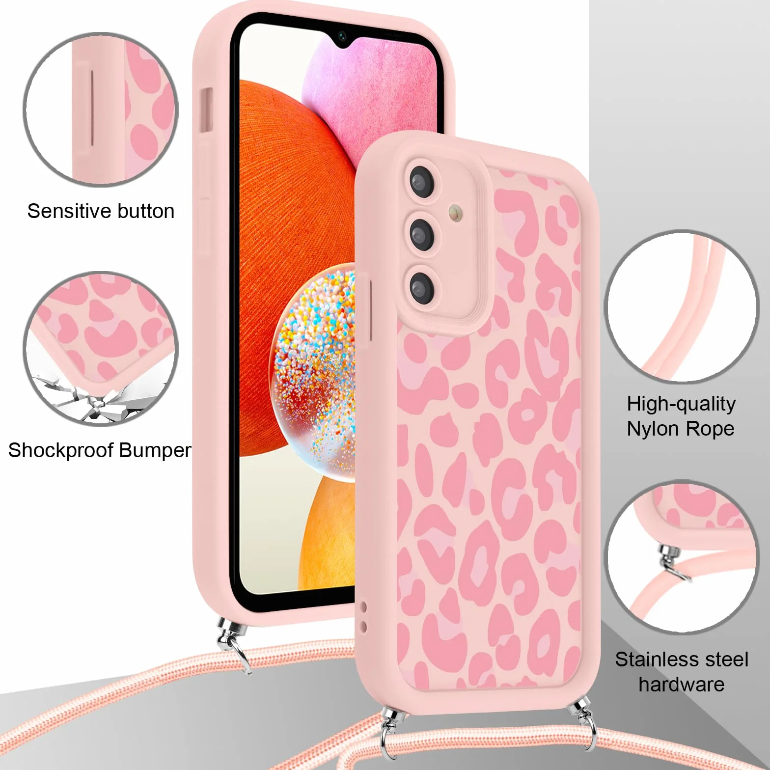 Etui Samsung Galaxy A14 4G/5G silikonowe zderzak smycz naszyjnik Różowy